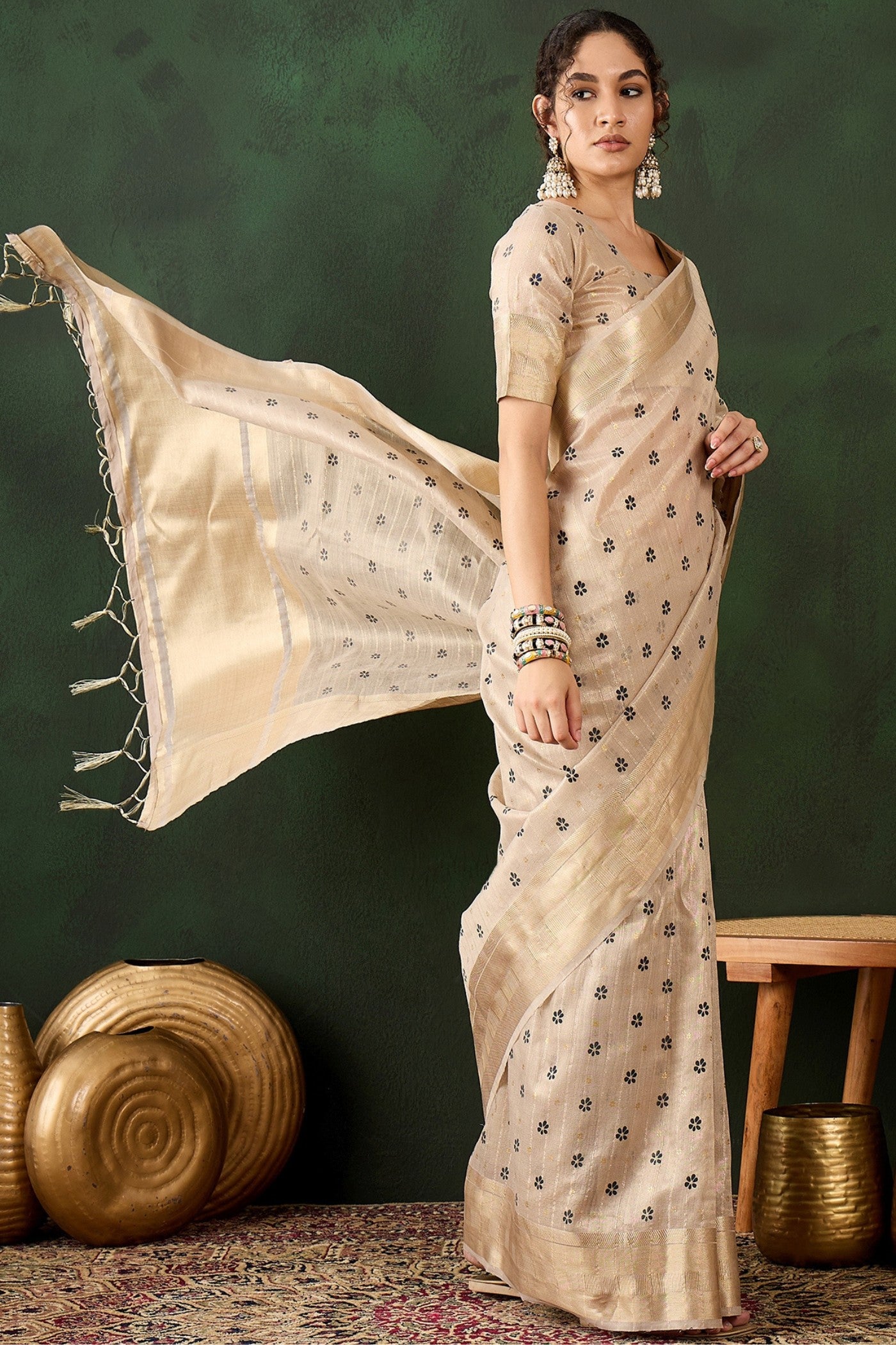 Buy MySilkLove Vanila Cream Woven Organza Saree Online