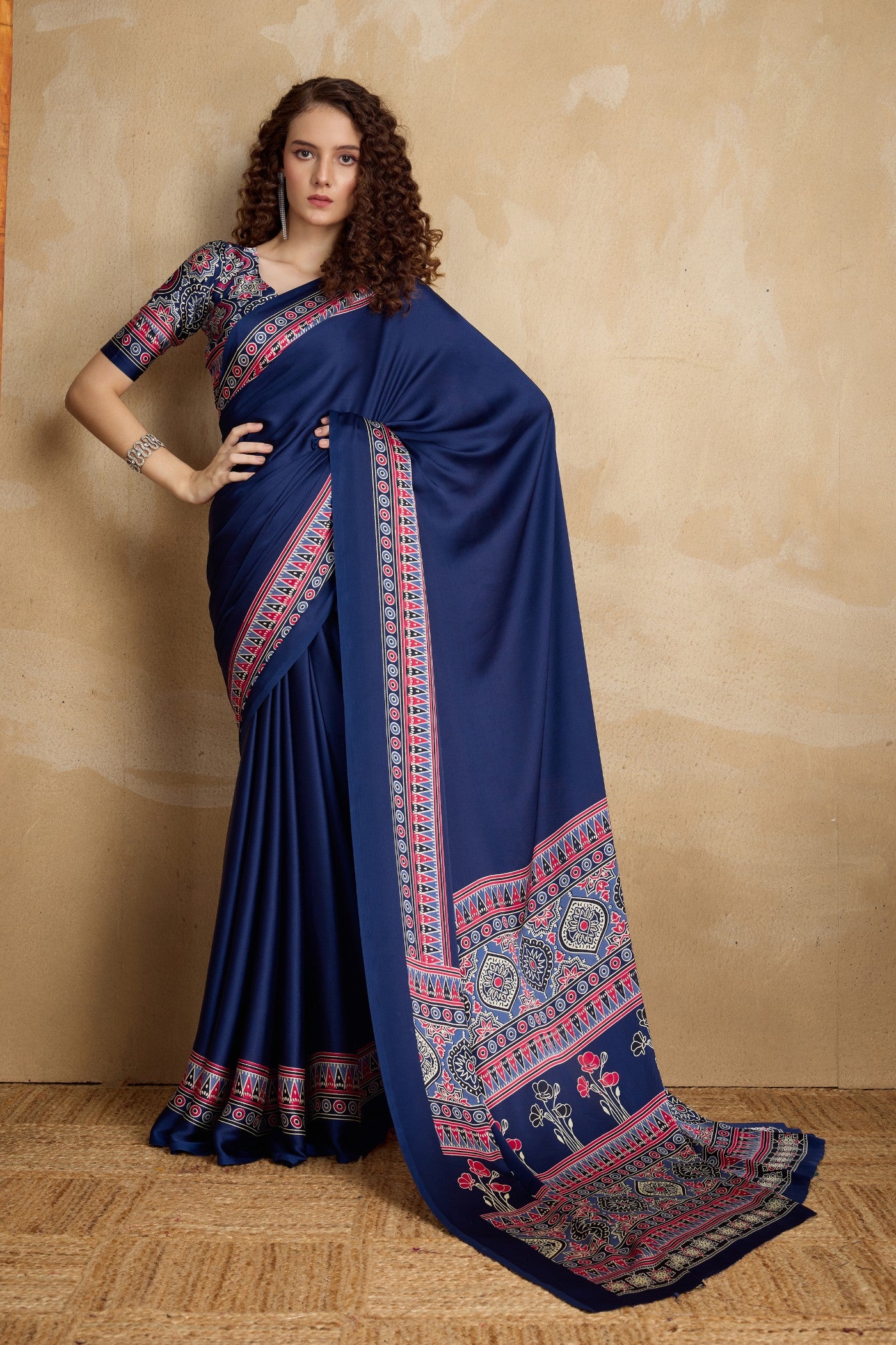 Buy MySilkLove Lapis Blue Ajrakh Printed Satin Crepe Silk Saree Online