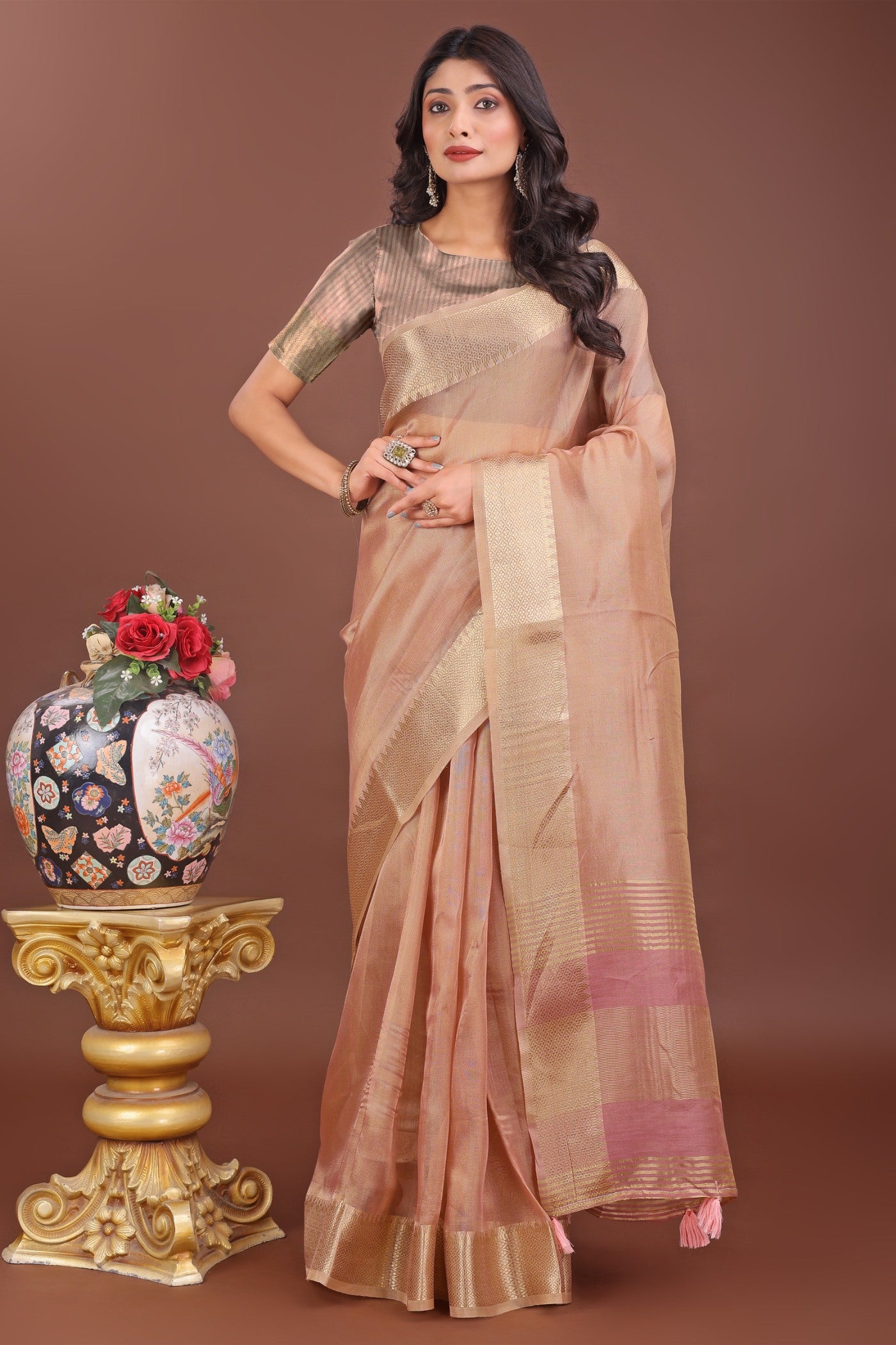 Buy MySilkLove Light Peach Woven Organza Saree Online