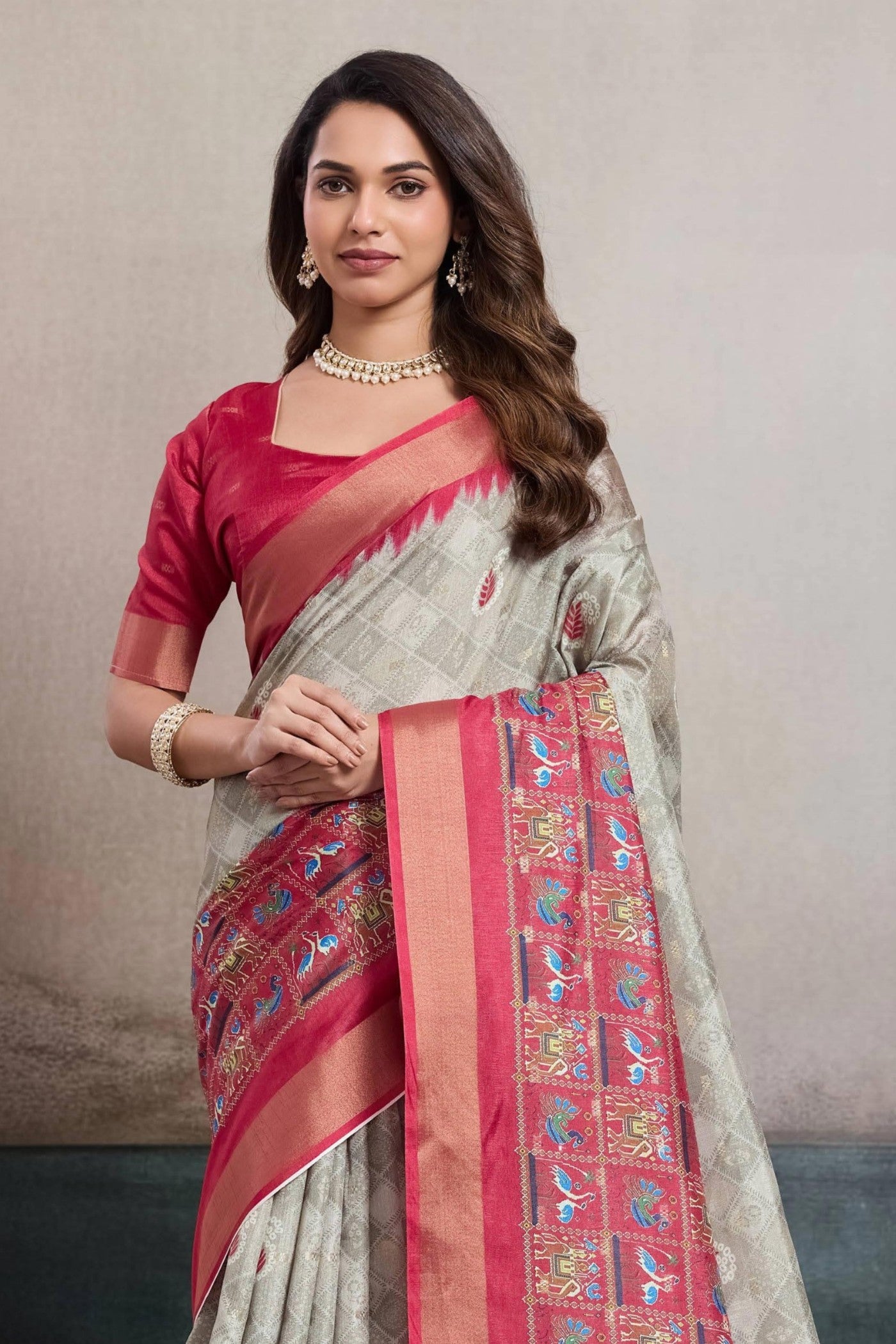 Buy MySilkLove Wood Grey and Pink Digital Printed Saree Online