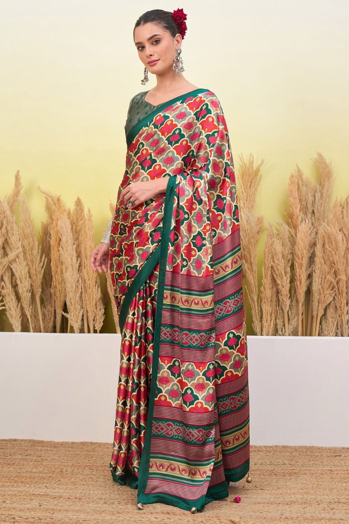 Buy MySilkLove Red Ink and Green Modal Satin Printed Silk Saree Online