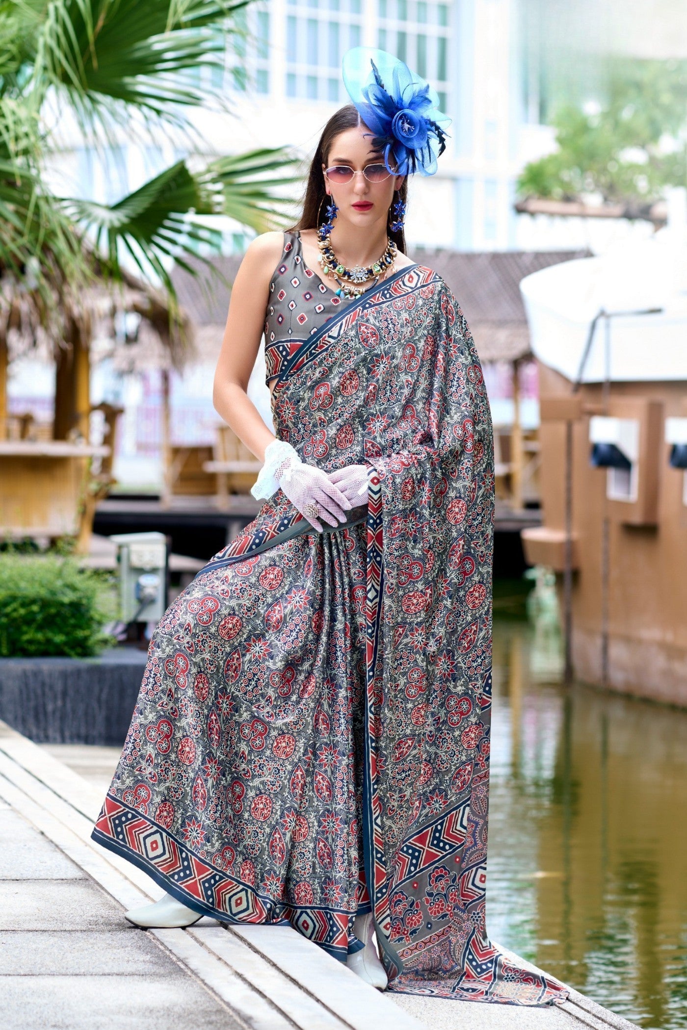 Buy MySilkLove Lava Grey Ajrakh Printed Satin Crepe Silk Saree Online