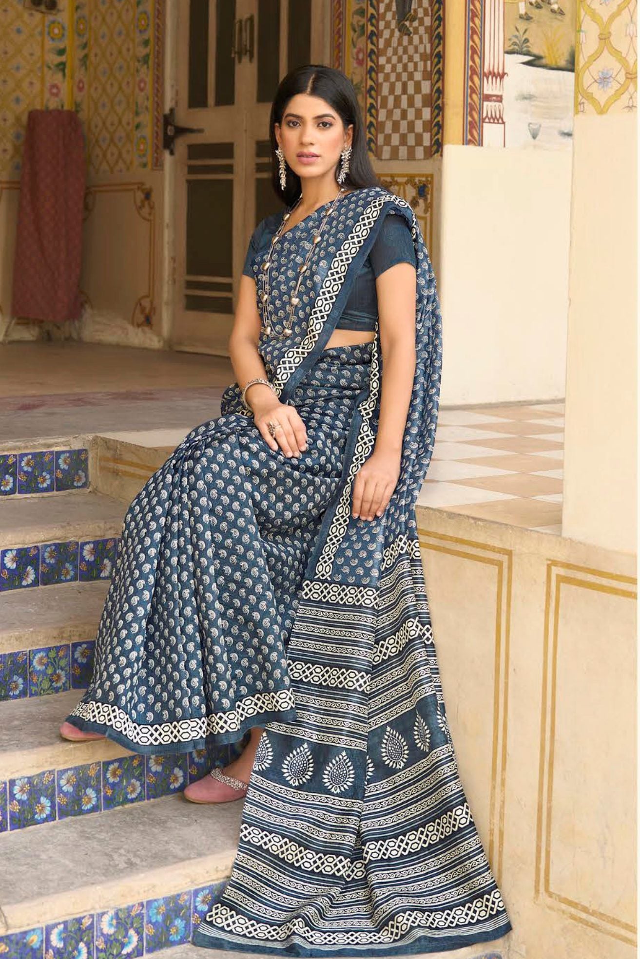 Buy MySilkLove Deep Space Blue Handblock Printed Saree Online