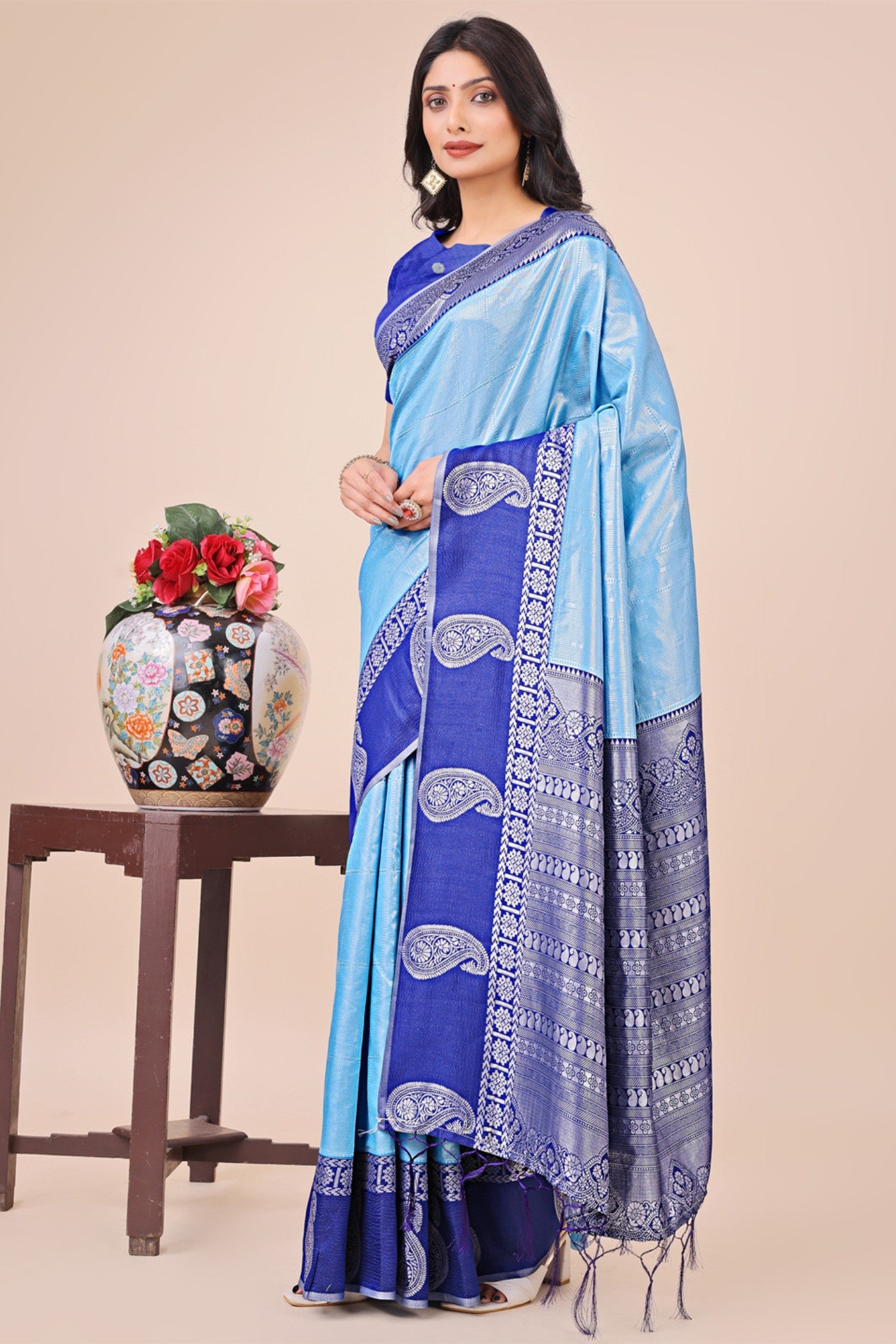 Buy MySilkLove Capri Blue Woven Banarasi Saree Online