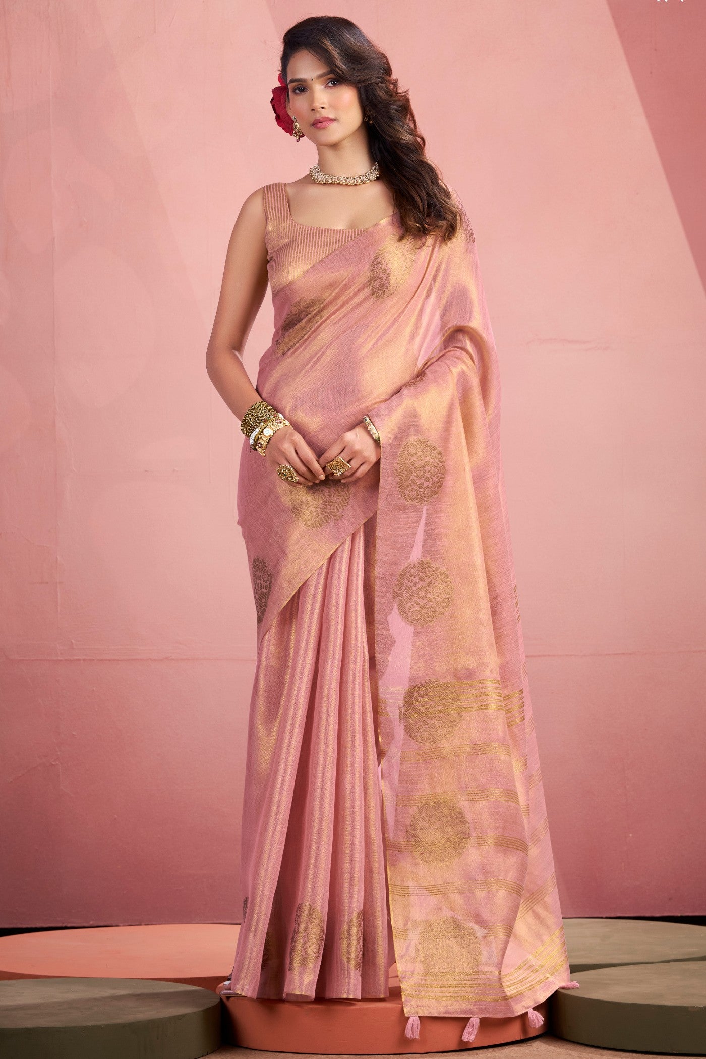 Buy MySilkLove Smoothie Pink Zari Woven Tissue Saree Online