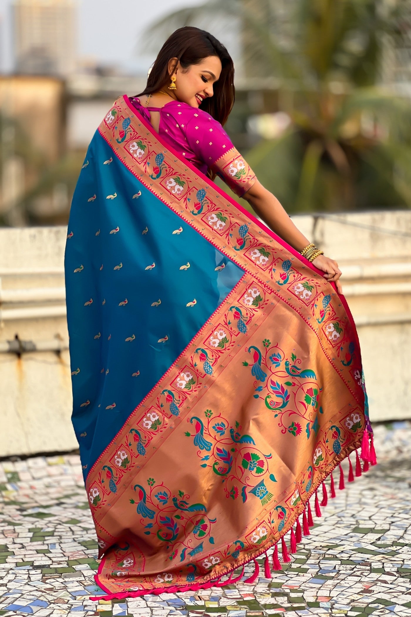 Buy MySilkLove Dusty Blue Zari Woven Paithani Saree Online
