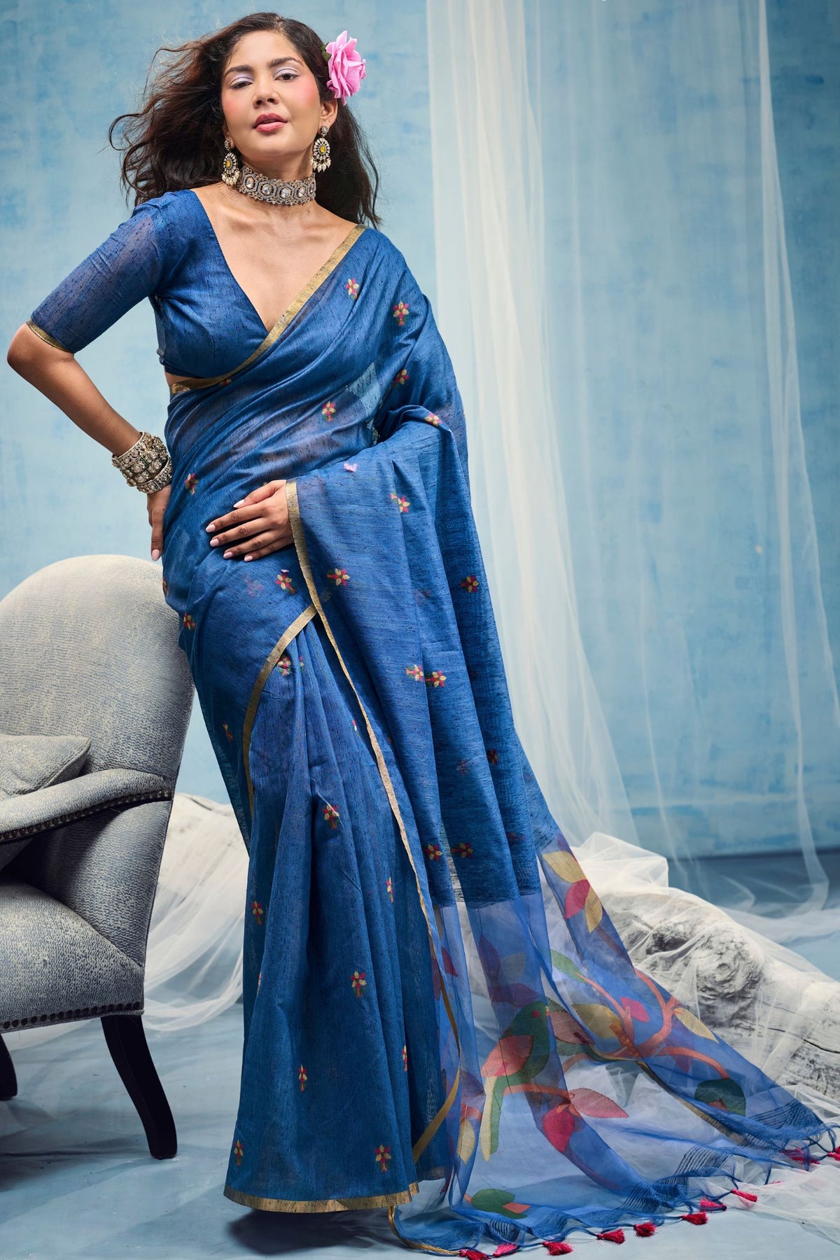 Buy MySilkLove Cornflower Blue Munga Handloom Silk Cotton Saree Online