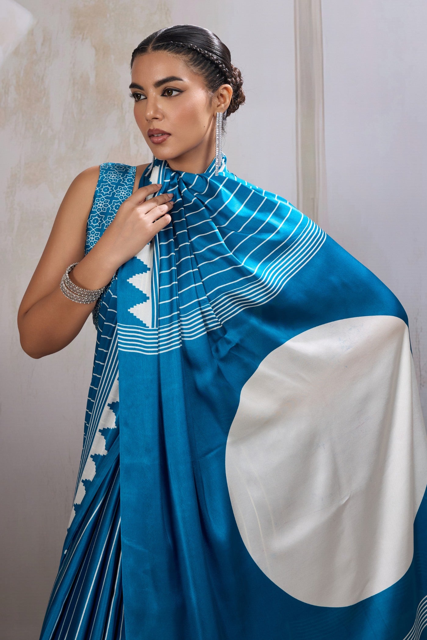 MySilkLove Hydrangea Blue Ajrakh Printed Satin Crepe Silk Saree
