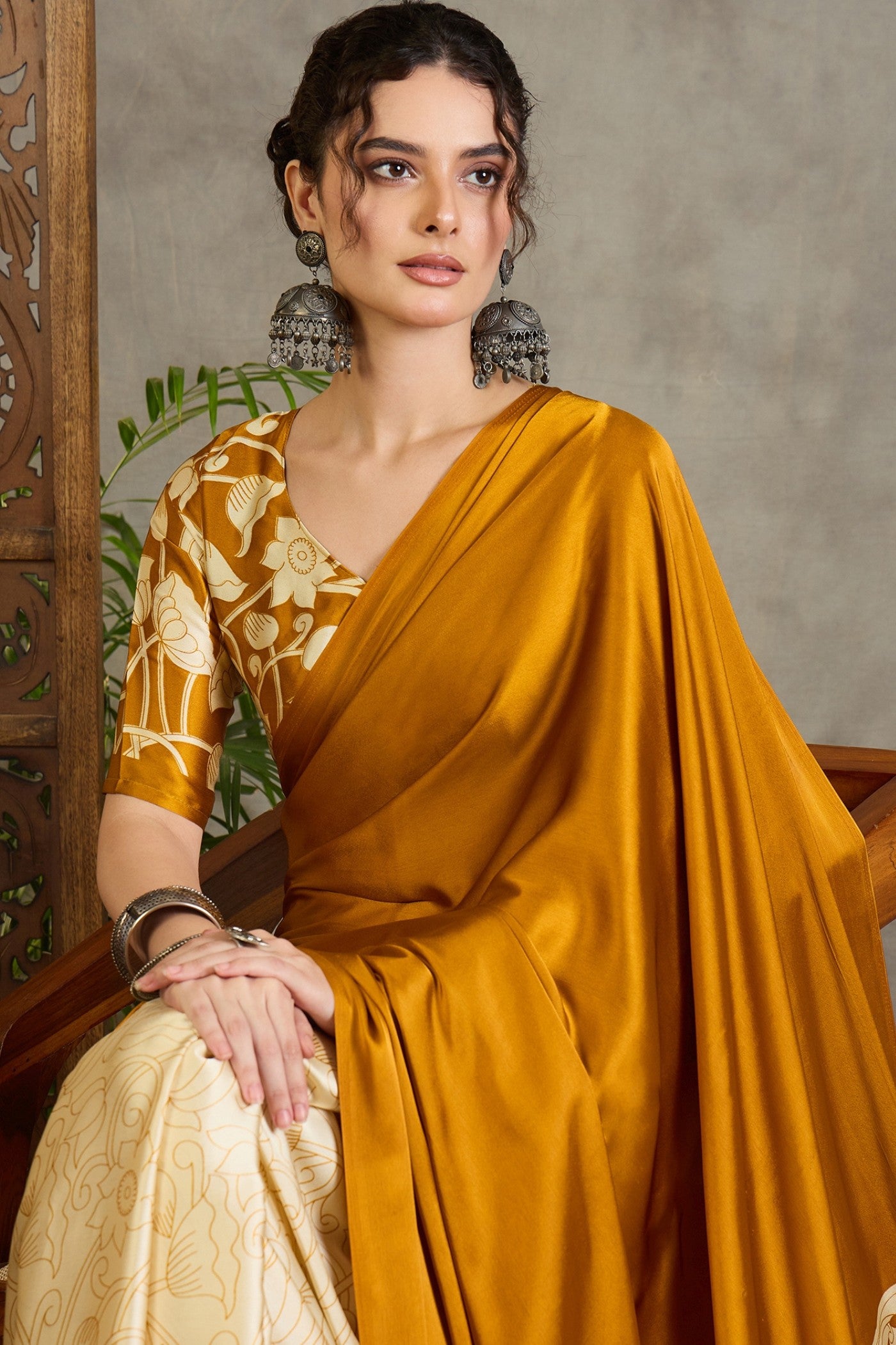 Buy MySilkLove Pineapple Yellow Kalamkari Printed Satin Silk Saree Online