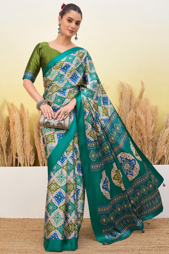 Buy MySilkLove Turquoise Blue Patola Printed Satin Crepe Silk Saree Online