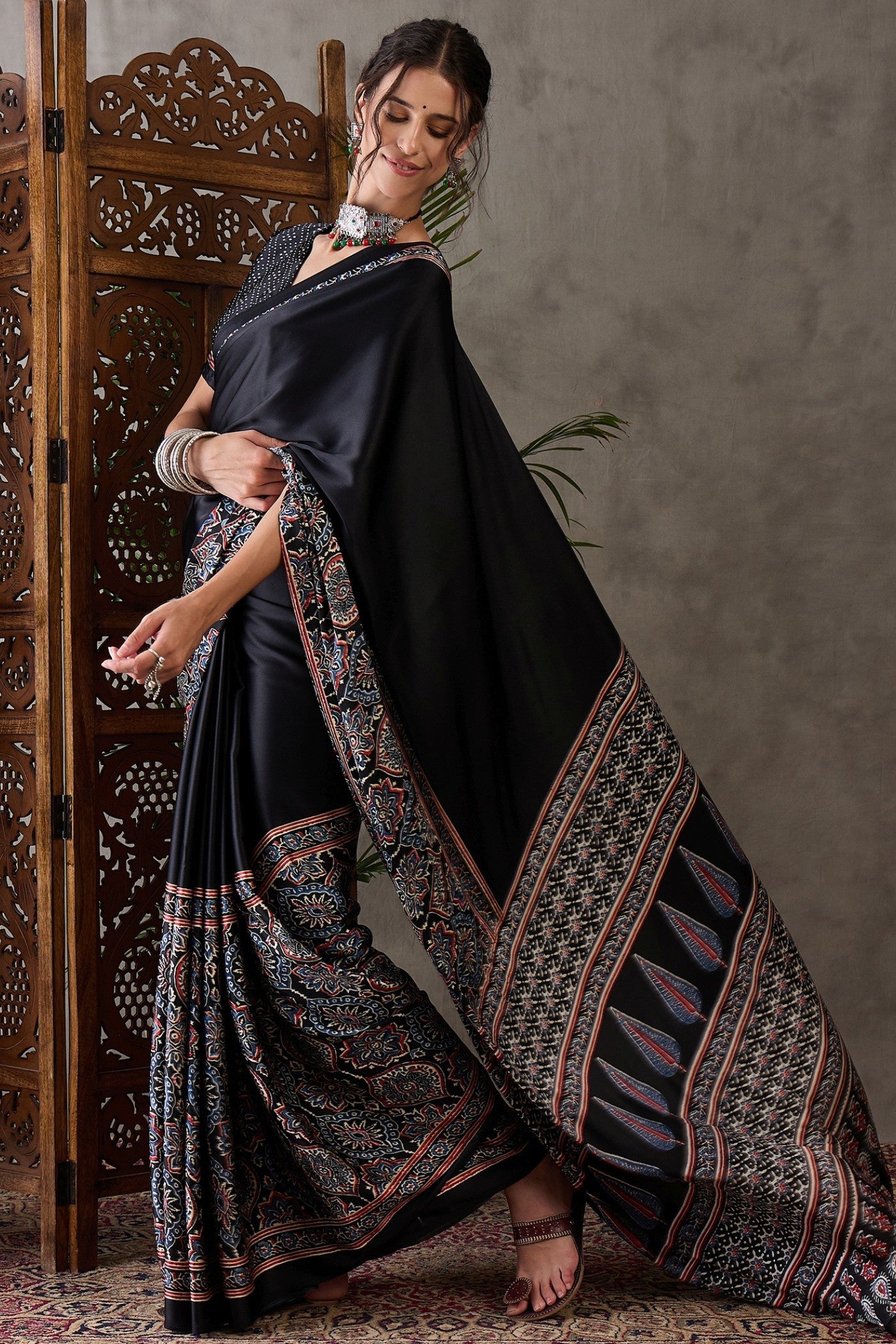 Buy MySilkLove Metal Black Printed Satin Gaji Silk Saree Online
