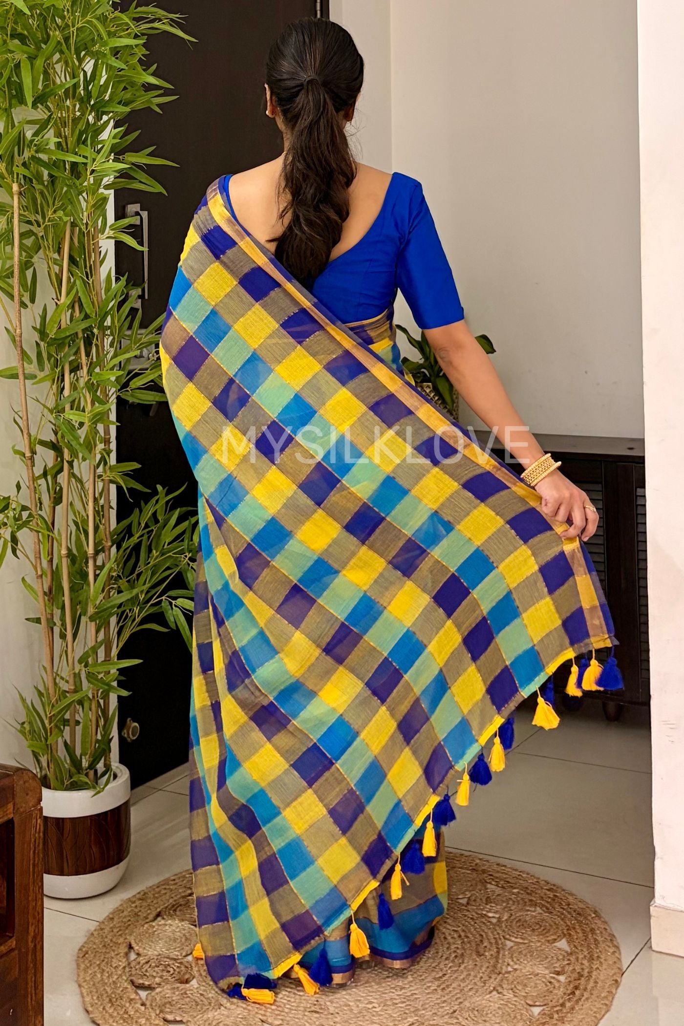 Buy MySilkLove Multicolor Yellow Pure Mul Mul Cotton Checks Pattern Zari woven saree Online