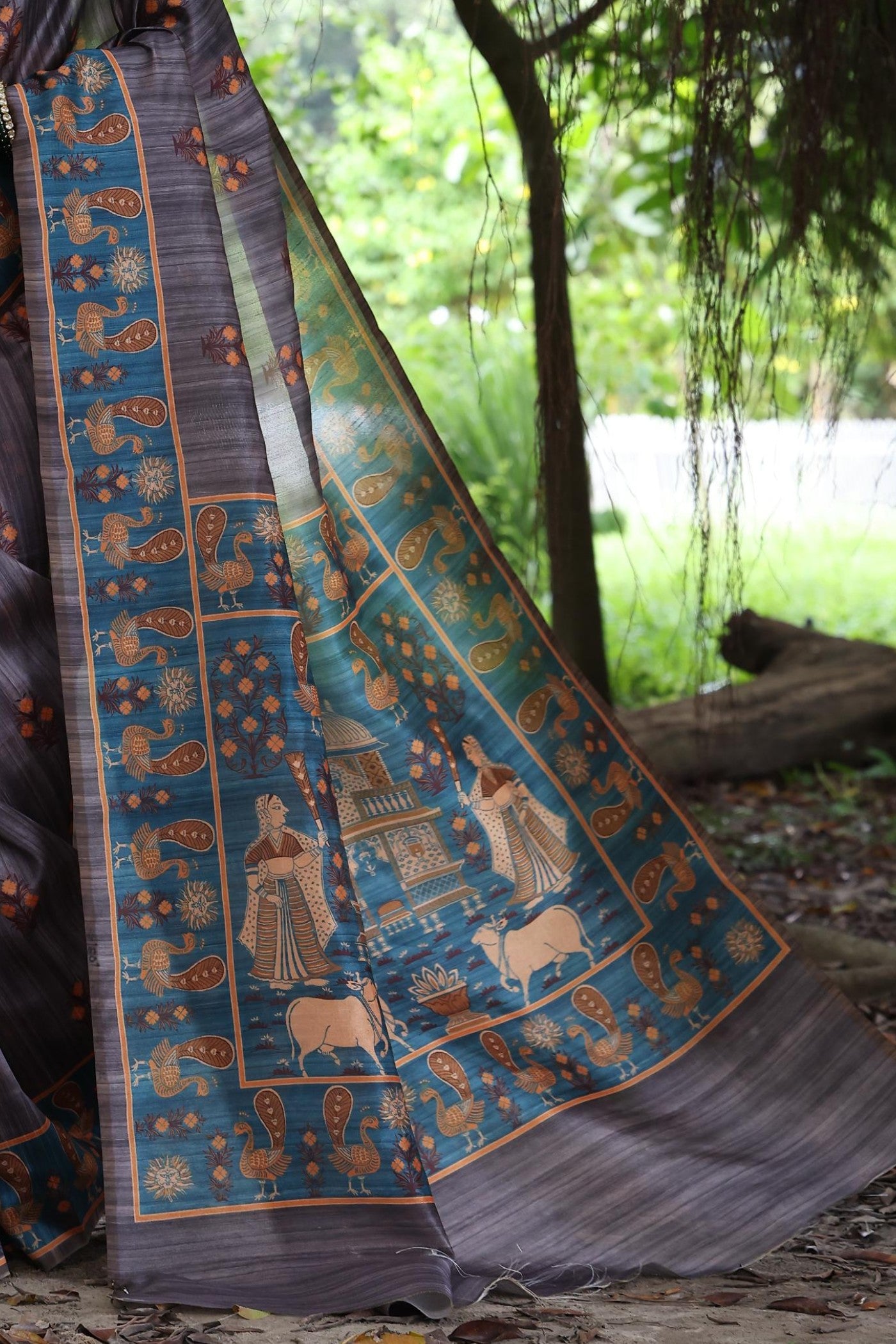 Buy MySilkLove Raisin Purple Madhubani Tussar Printed Silk Saree Online