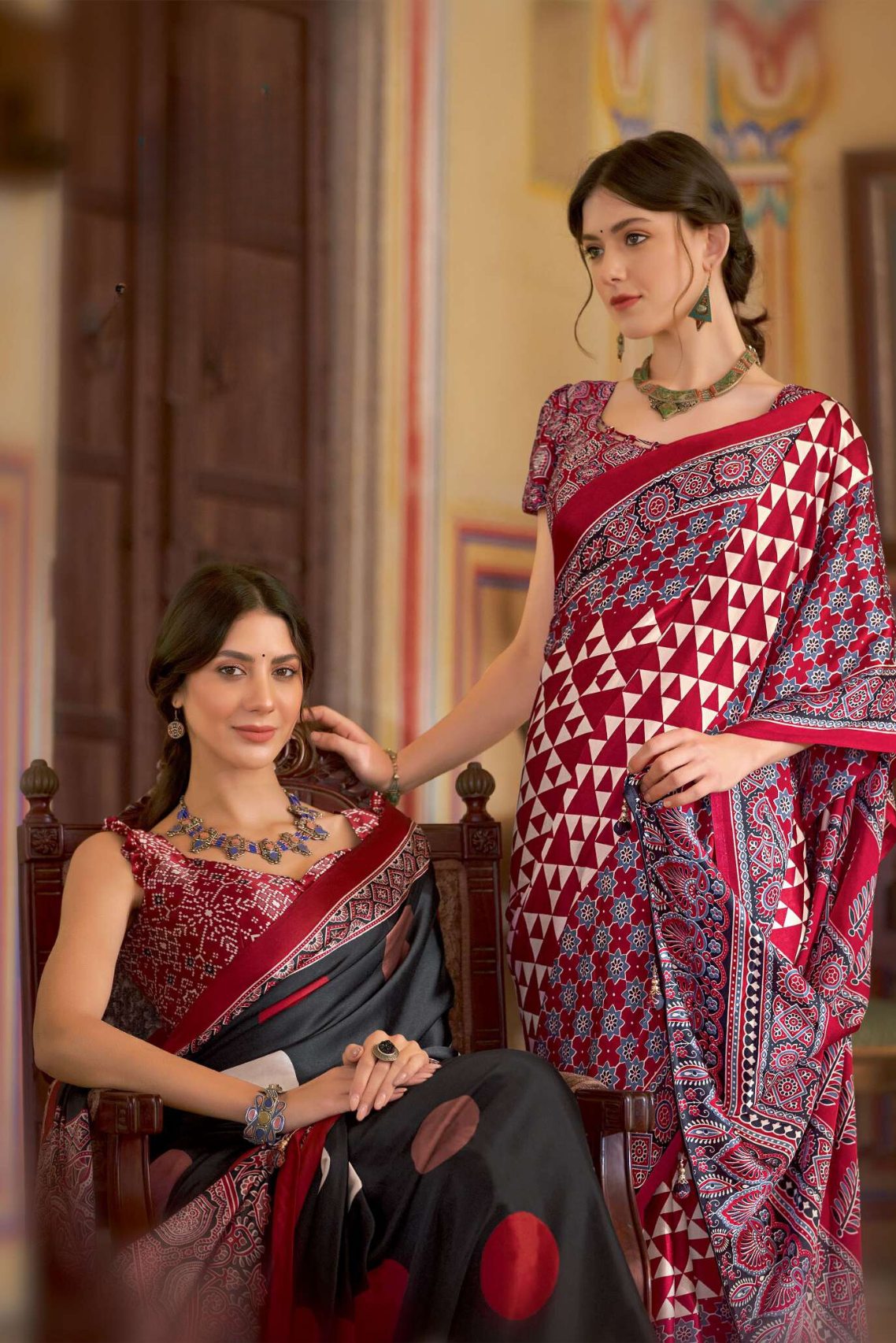 Buy MySilkLove Tosca Maroon Ajrakh Printed Satin Crepe Saree Online