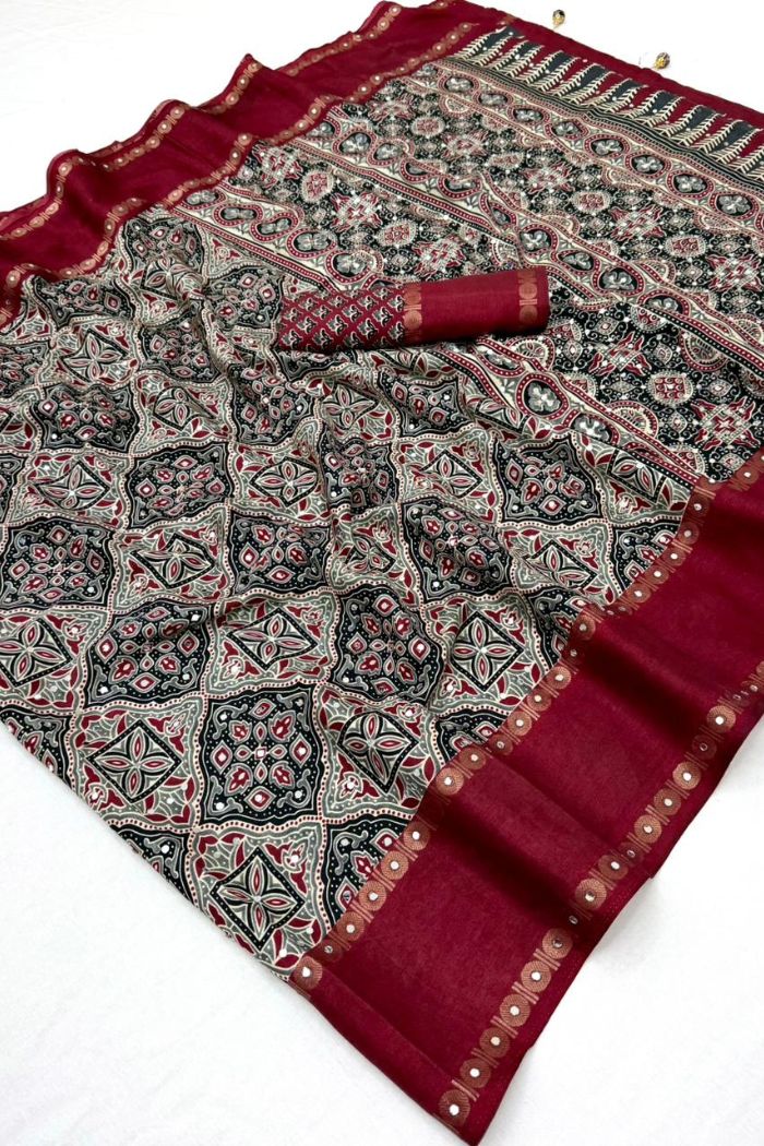 Buy MySilkLove Maroon Border Black and White Ajrakh Printed Satin Silk Saree Online