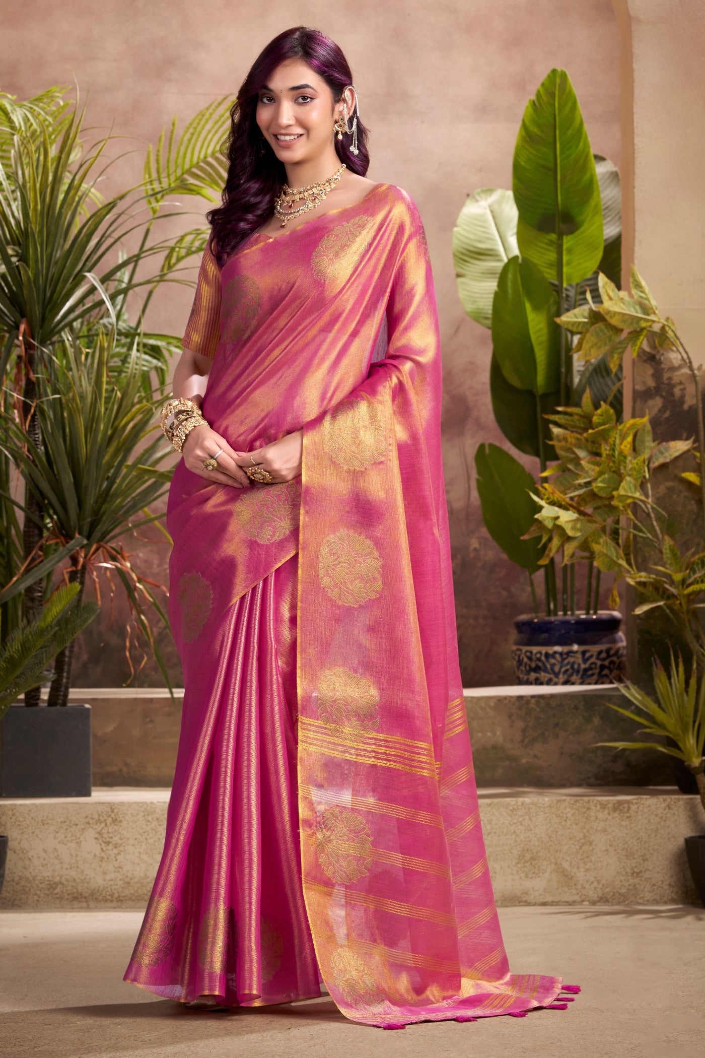 Buy MySilkLove Brick Pink Woven Tissue Saree Online
