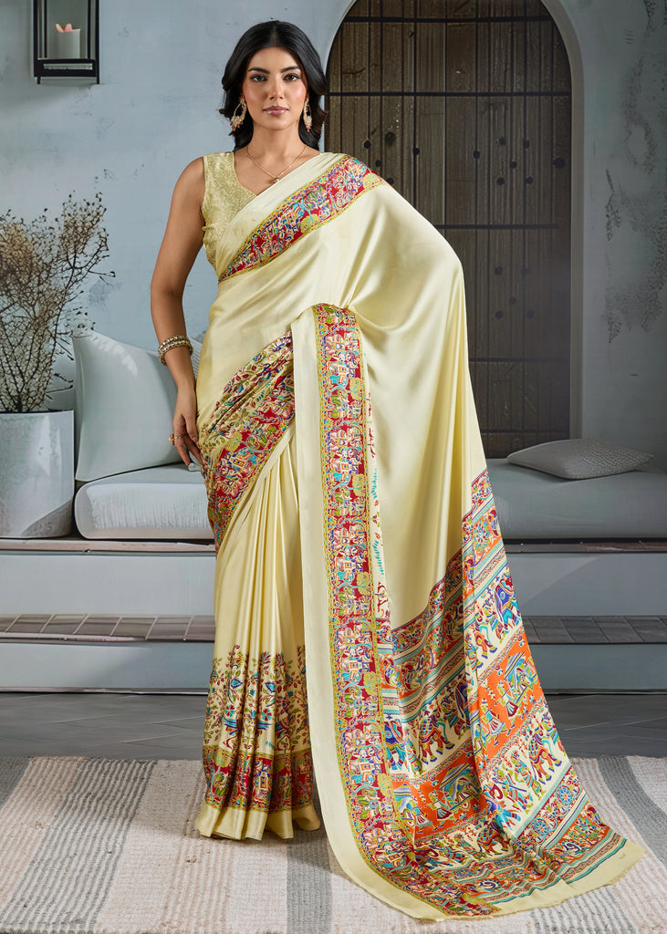Buy MySilkLove Nacreous Cream Printed Satin Crepe Silk Saree Online
