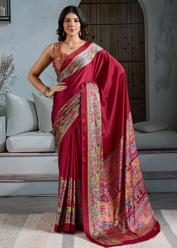 Buy MySilkLove Claret Red Printed Satin Crepe Silk Saree Online