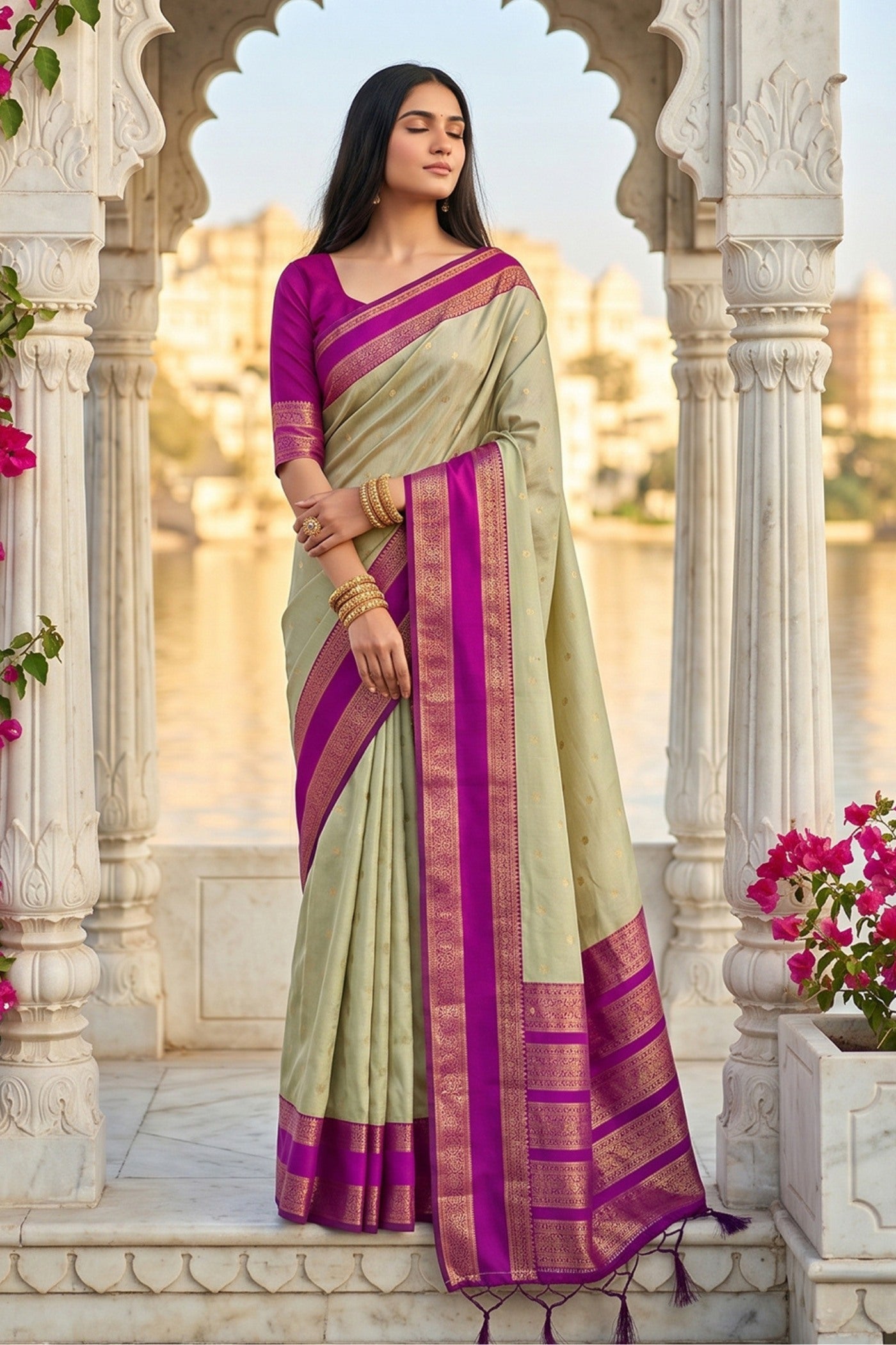Buy MySilkLove Olive Green and Purple Woven Banarasi Saree Online