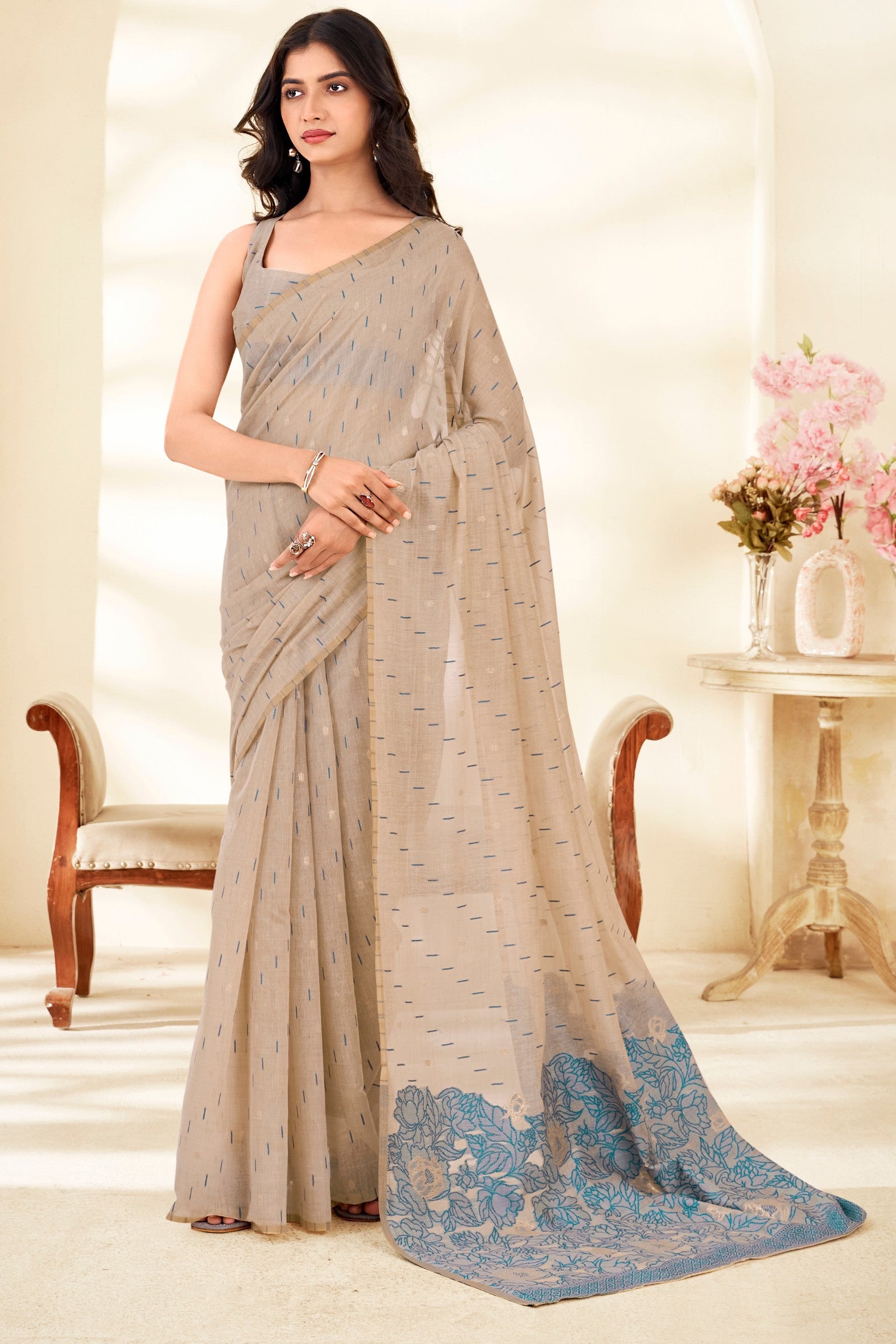 Buy MySilkLove Rich Cream and Blue Woven Modal Cotton Saree Online