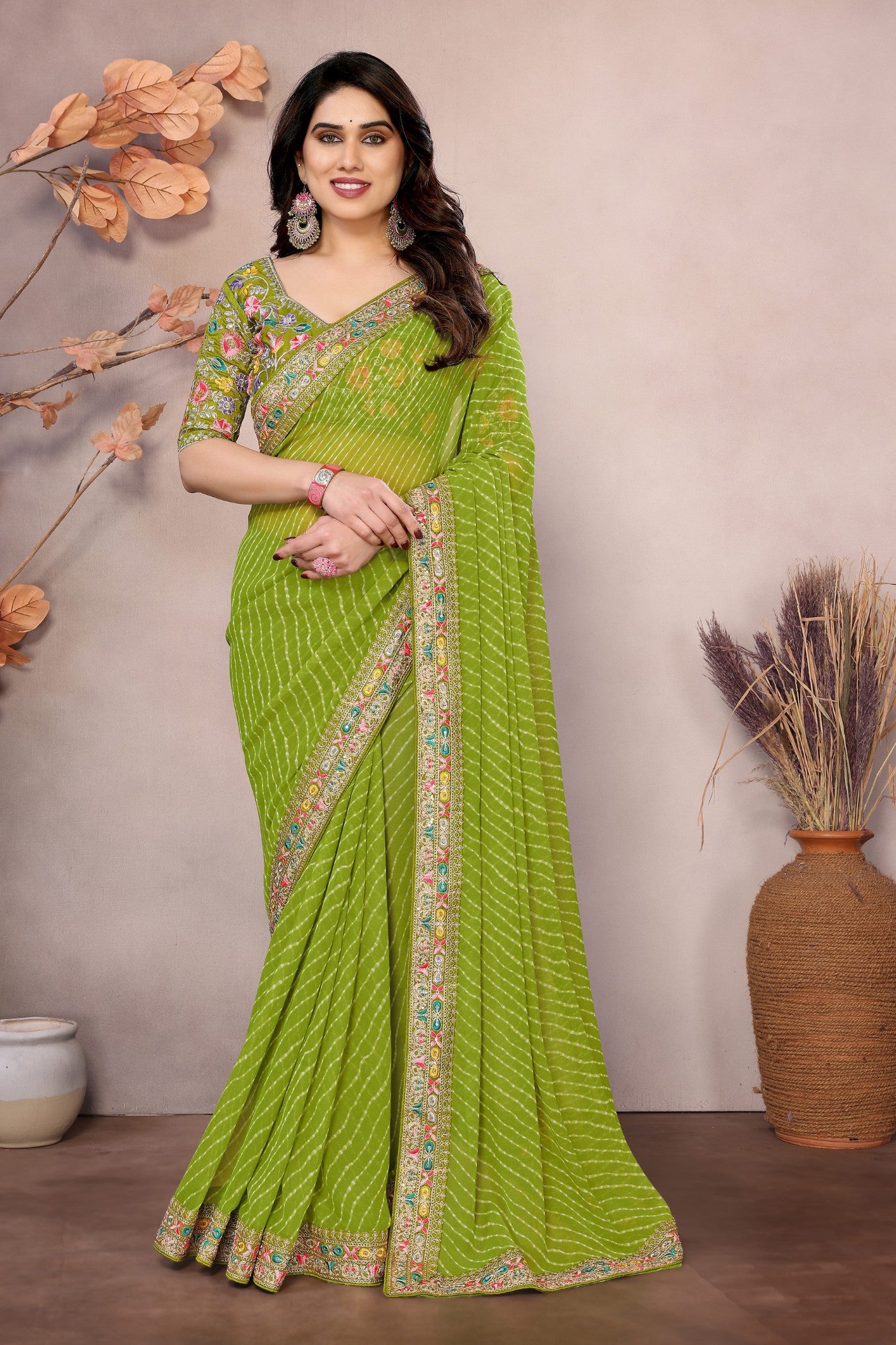 Buy MySilkLove Olive Green Georgette Designer Partywear Saree Online