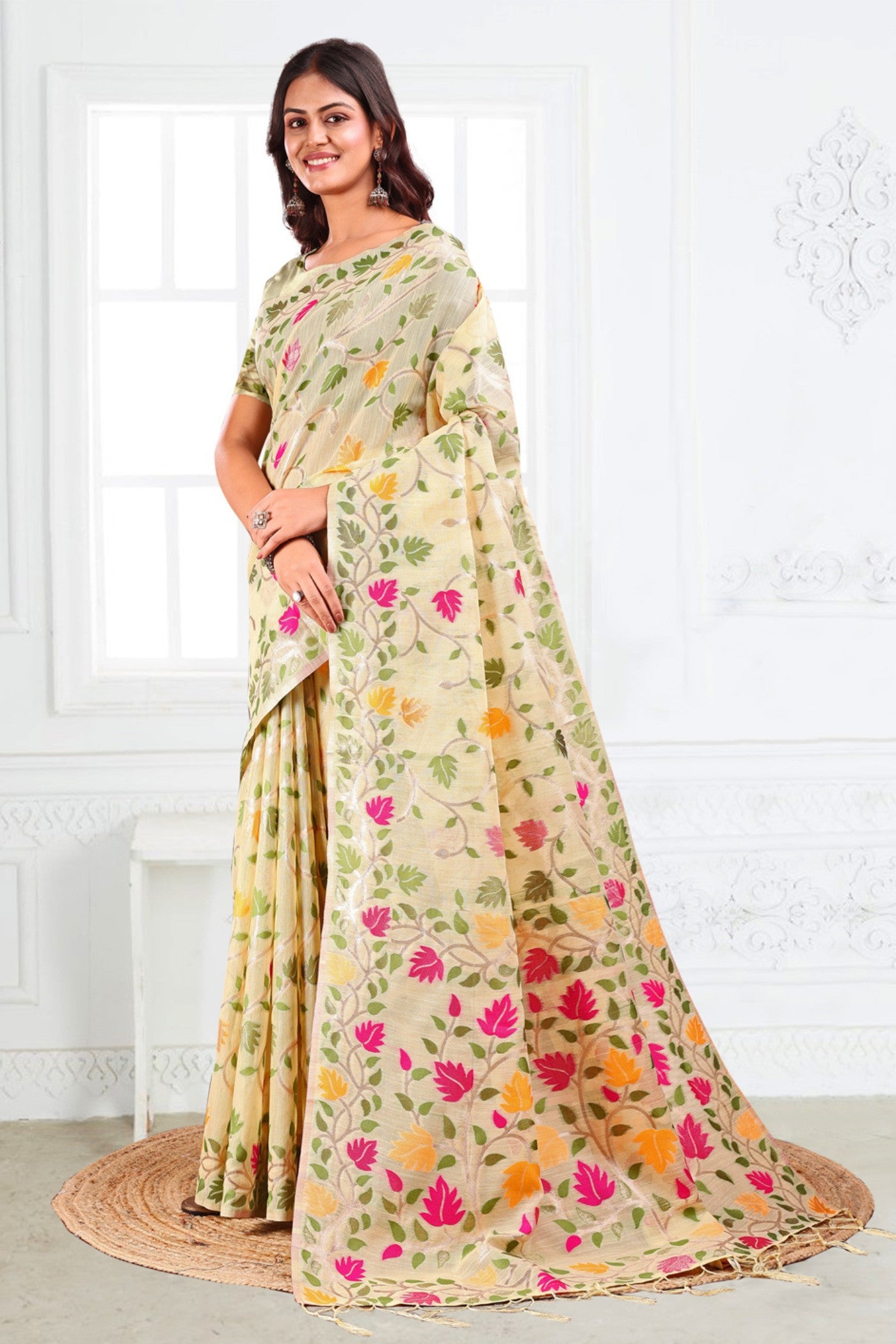 Buy MySilkLove Off White Woven Linen Cotton Saree Online