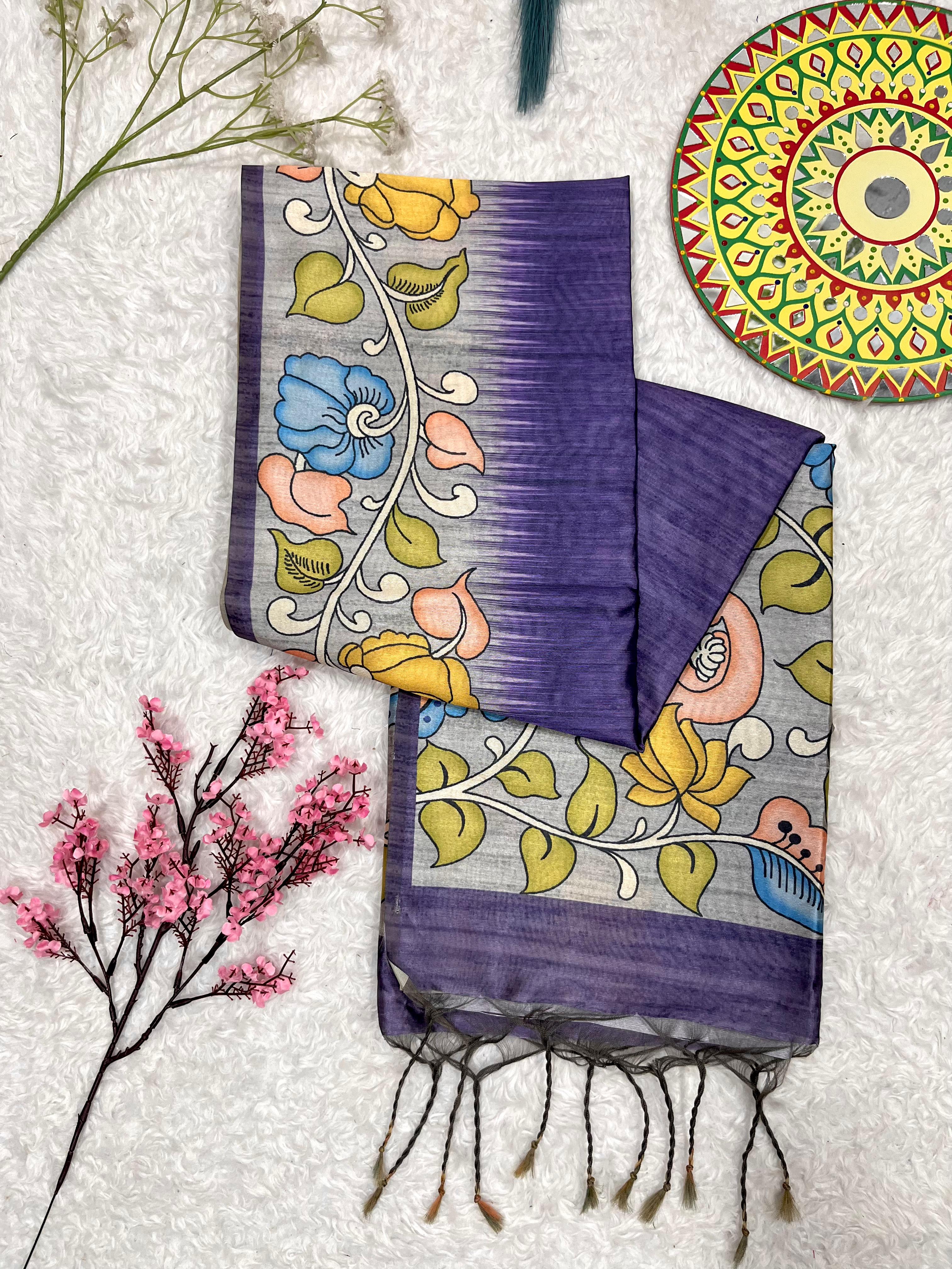 Buy MySilkLove Borage Blue Floral Printed Cotton Saree Online