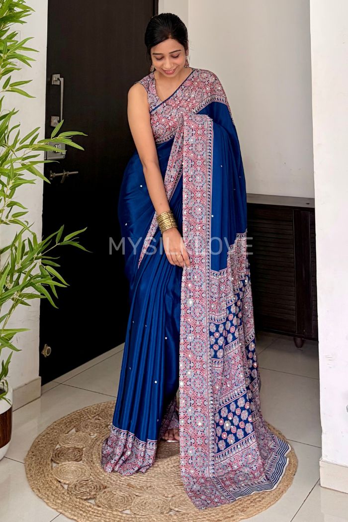 Buy MySilkLove Spruce Blue Ajrakh Satin Modal Silk Saree Online