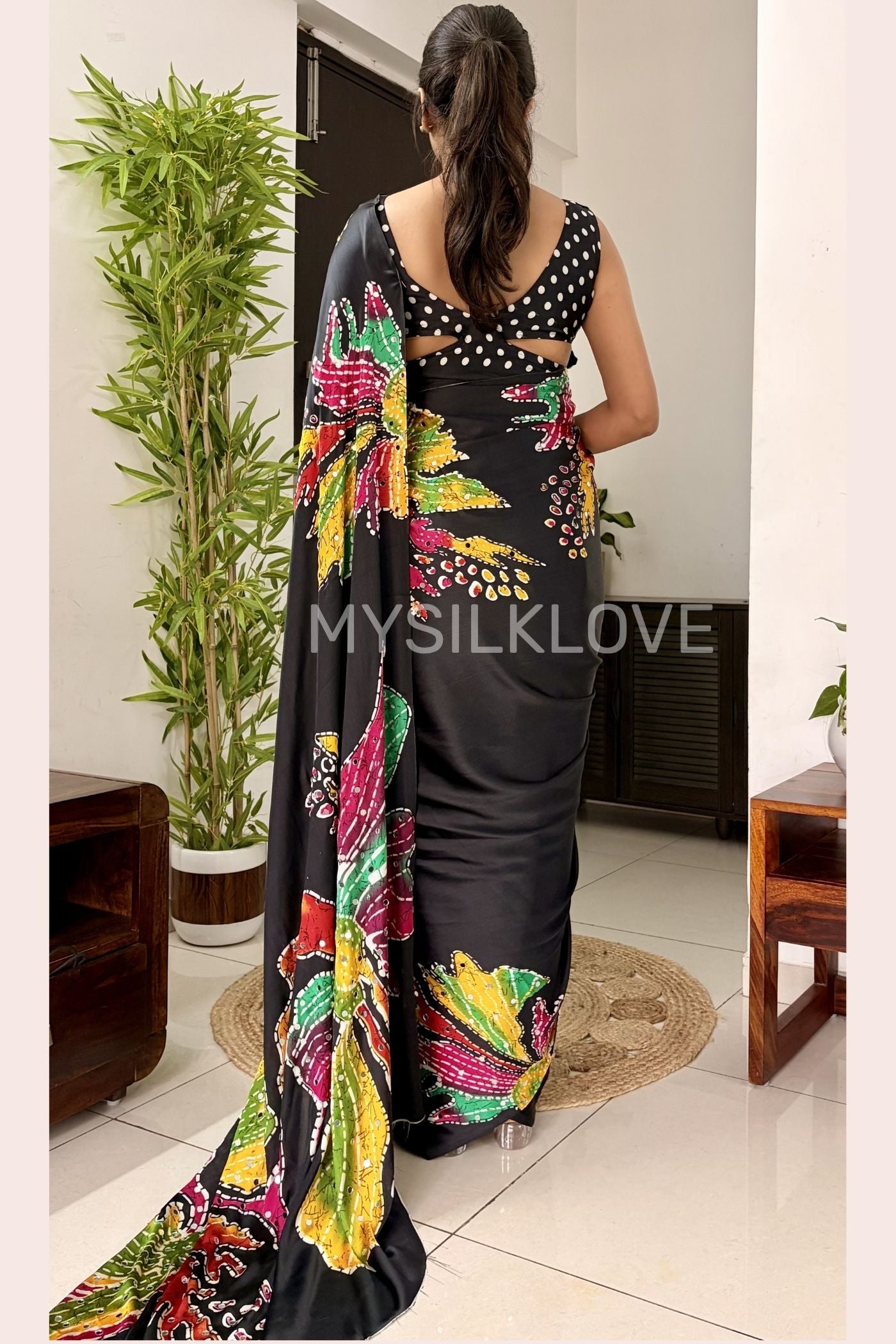 Buy MySilkLove Midnight Black Bloom Floral Partywear Satin Silk Saree Online