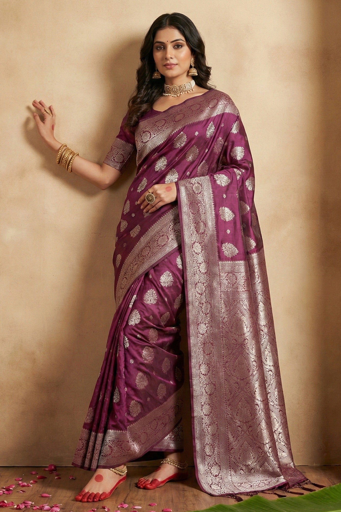 Buy MySilkLove Deep Purple Banarasi Woven Silk Saree Online