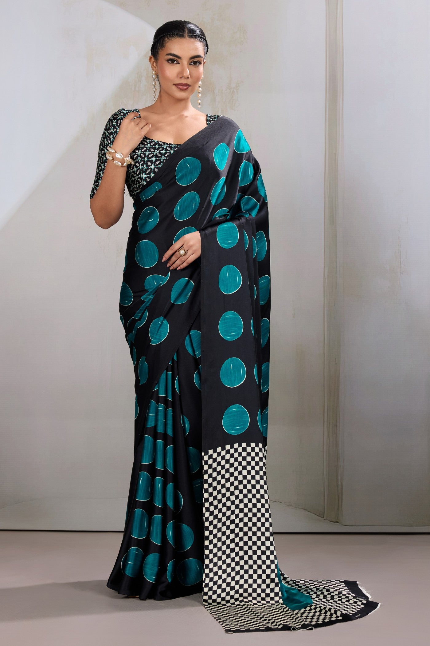 Buy MySilkLove Havelock Blue Printed Polka Dots Satin Crepe Saree Online