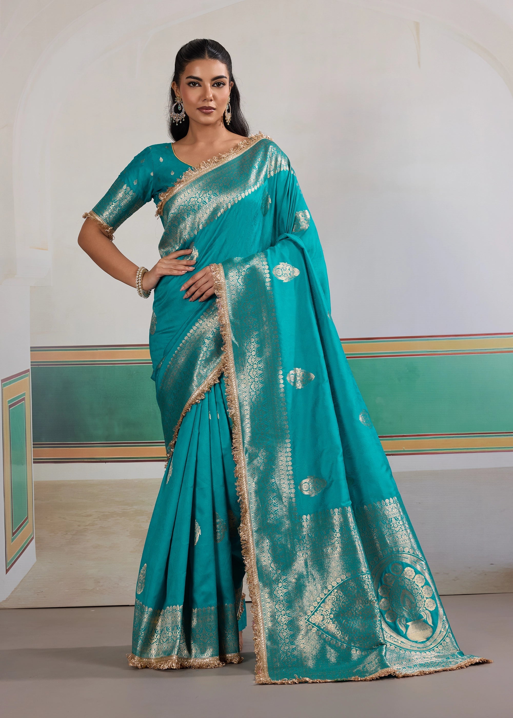 Buy MySilkLove Cyan Bue Woven Banarasi Satin Silk Saree Online
