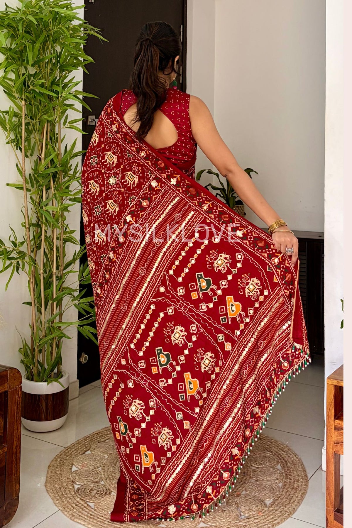Buy MySilkLove Scarlet Red Patola Embroidery Small Mirror Work Handloom Saree Online