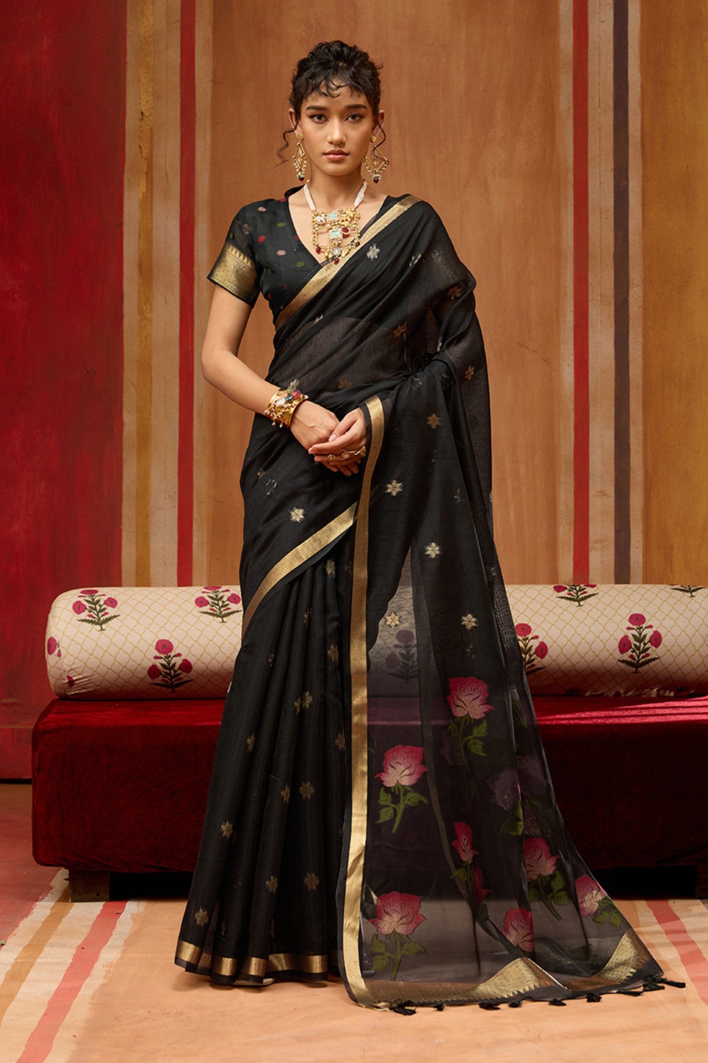 Buy MySilkLove Ace Black Handloom Muga Cotton Saree Online