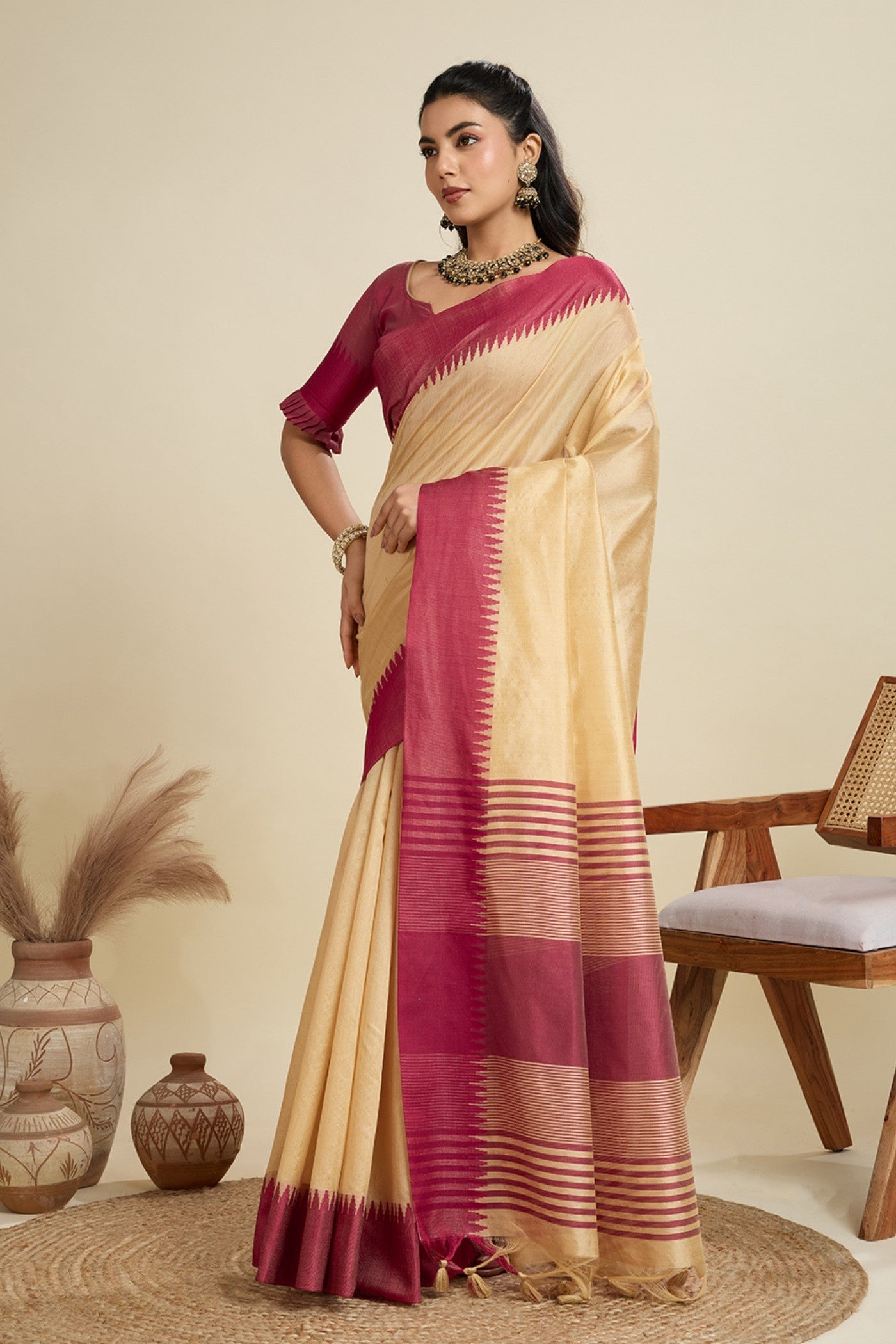 Buy MySilkLove Vanilla Cream Woven Raw Silk Saree Online