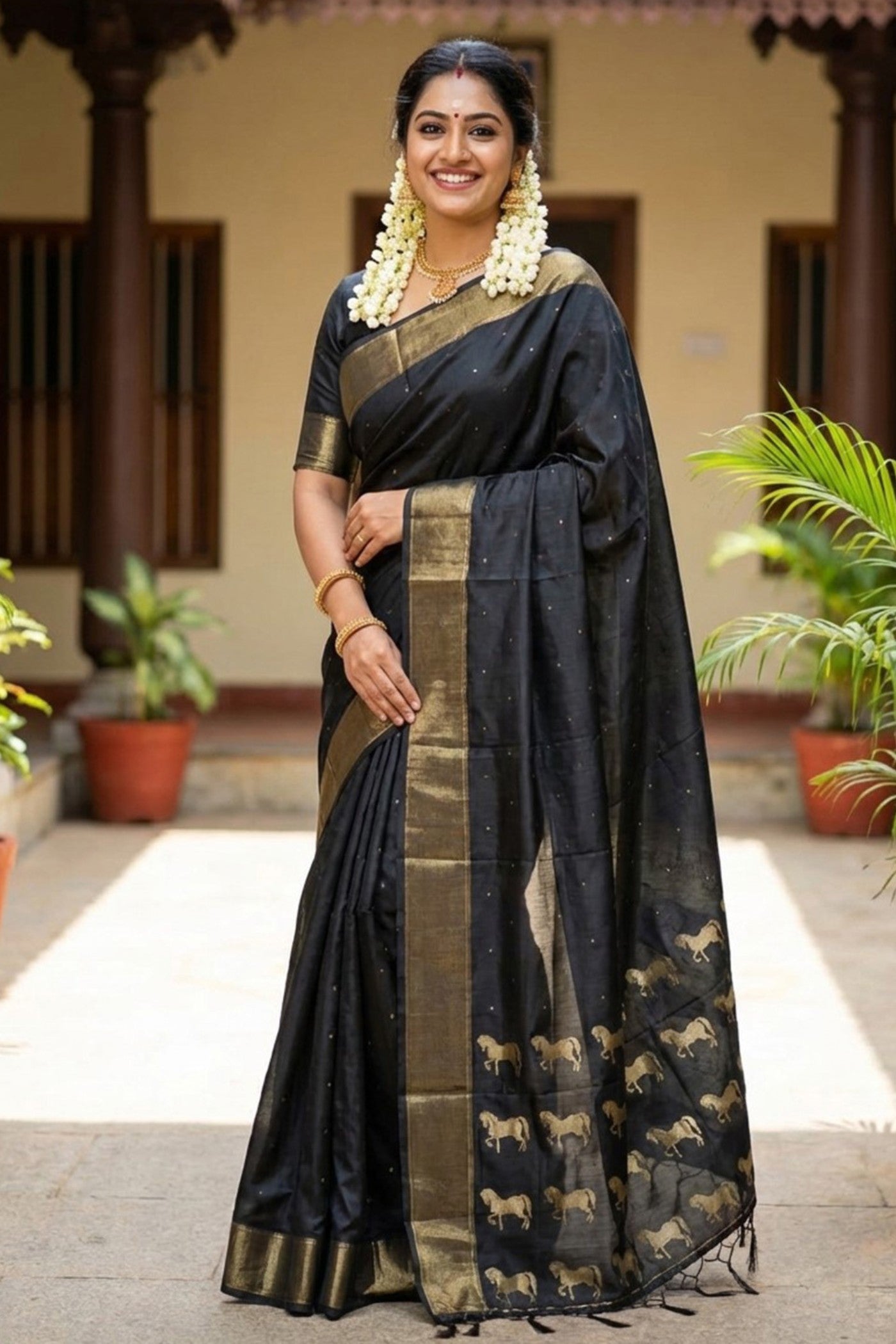 Buy MySilkLove Coral Black Banarasi Woven Soft Silk Saree Online