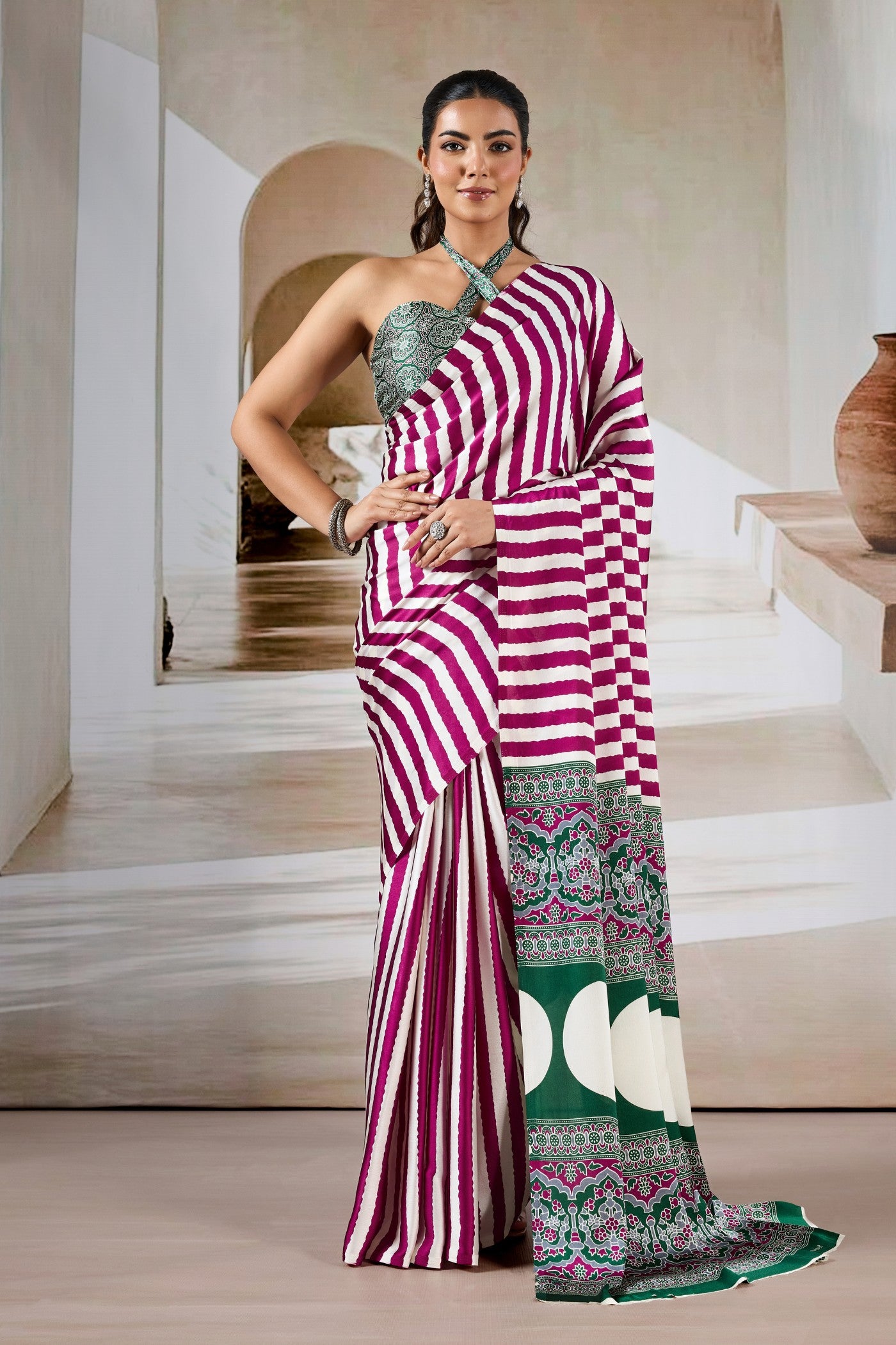 Buy MySilkLove Winter Pink Stripe Ajrakh Printed Satin Crepe Silk Saree Online
