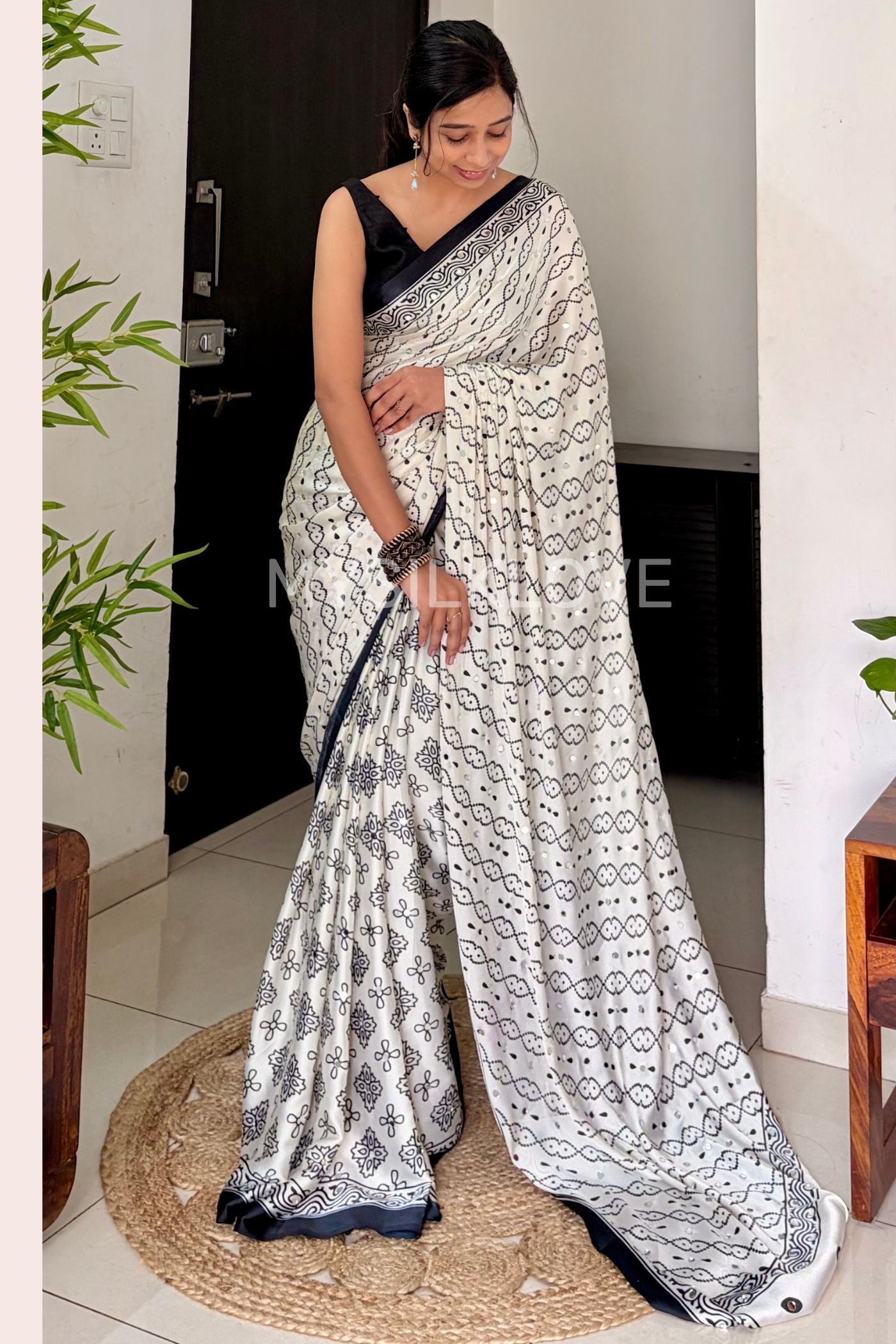 Buy MySilkLove Coconut White and Black Satin Printed Silk Saree Online