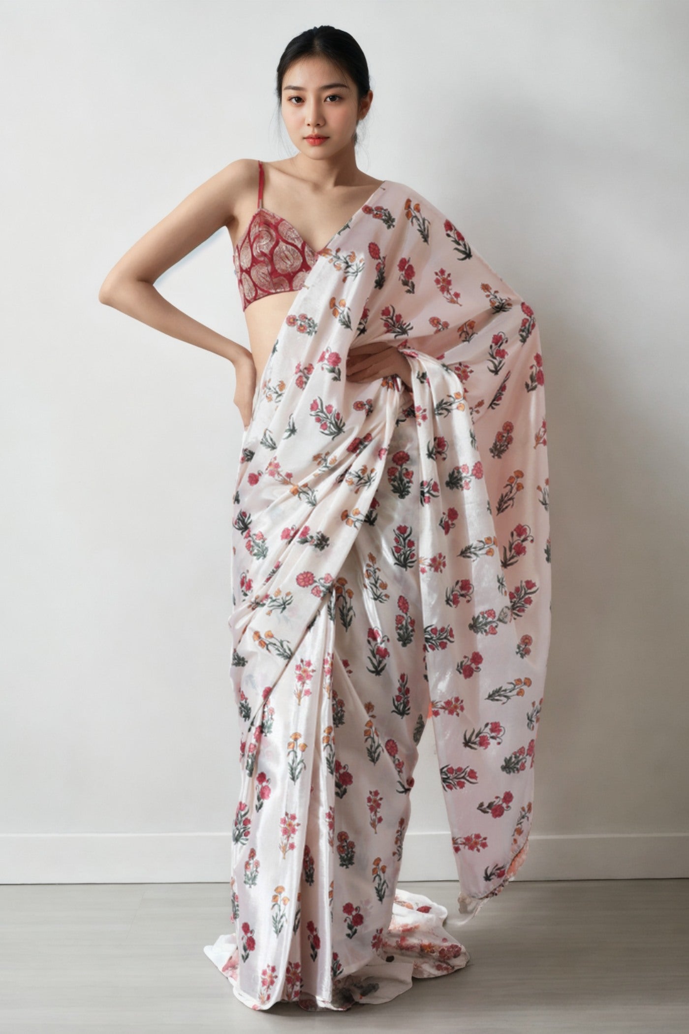 Buy MySilkLove Lotus White Chinon Digital Printed Ready To Wear Saree Online