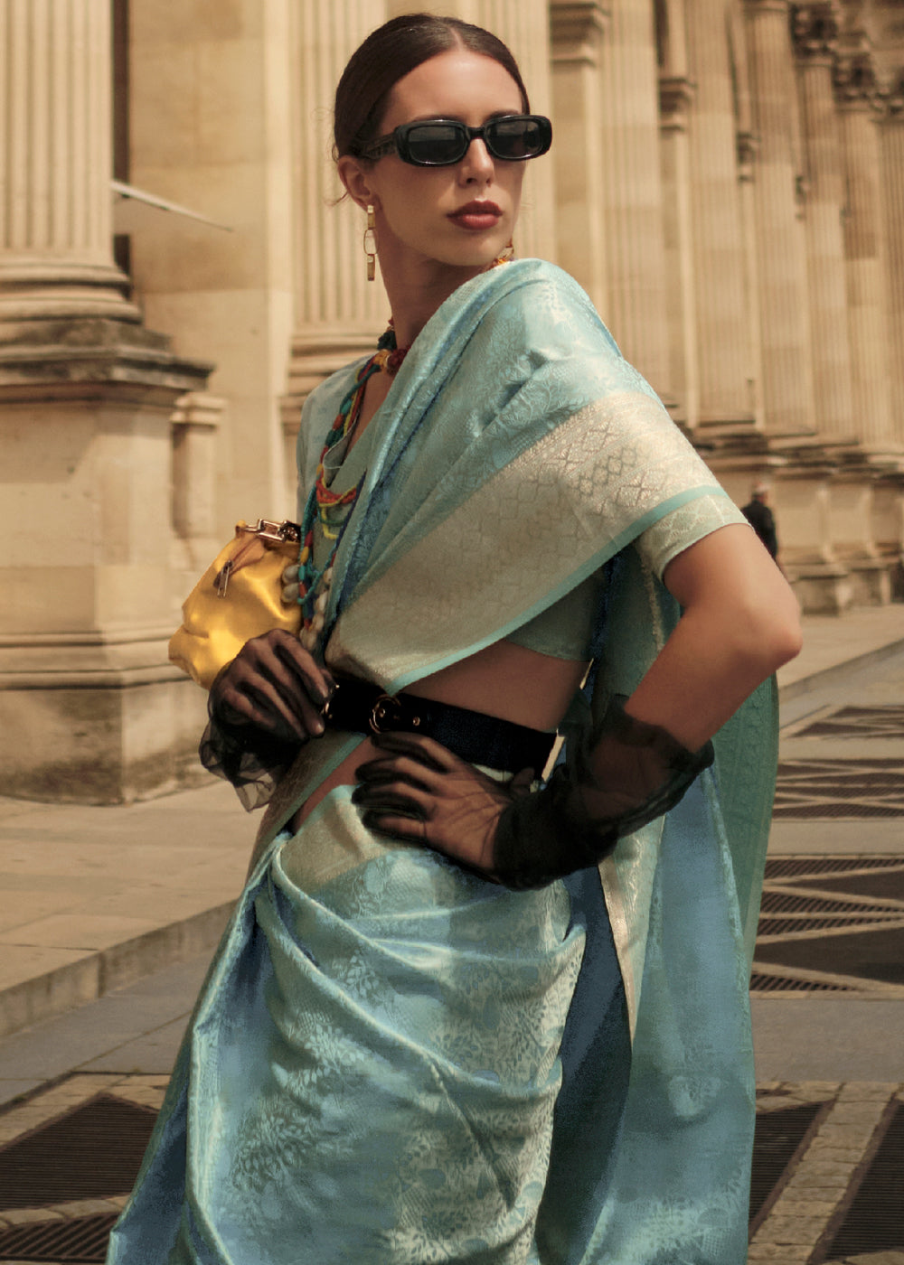 Buy MySilkLove Envy Blue Woven Banarasi Satin Silk Saree Online
