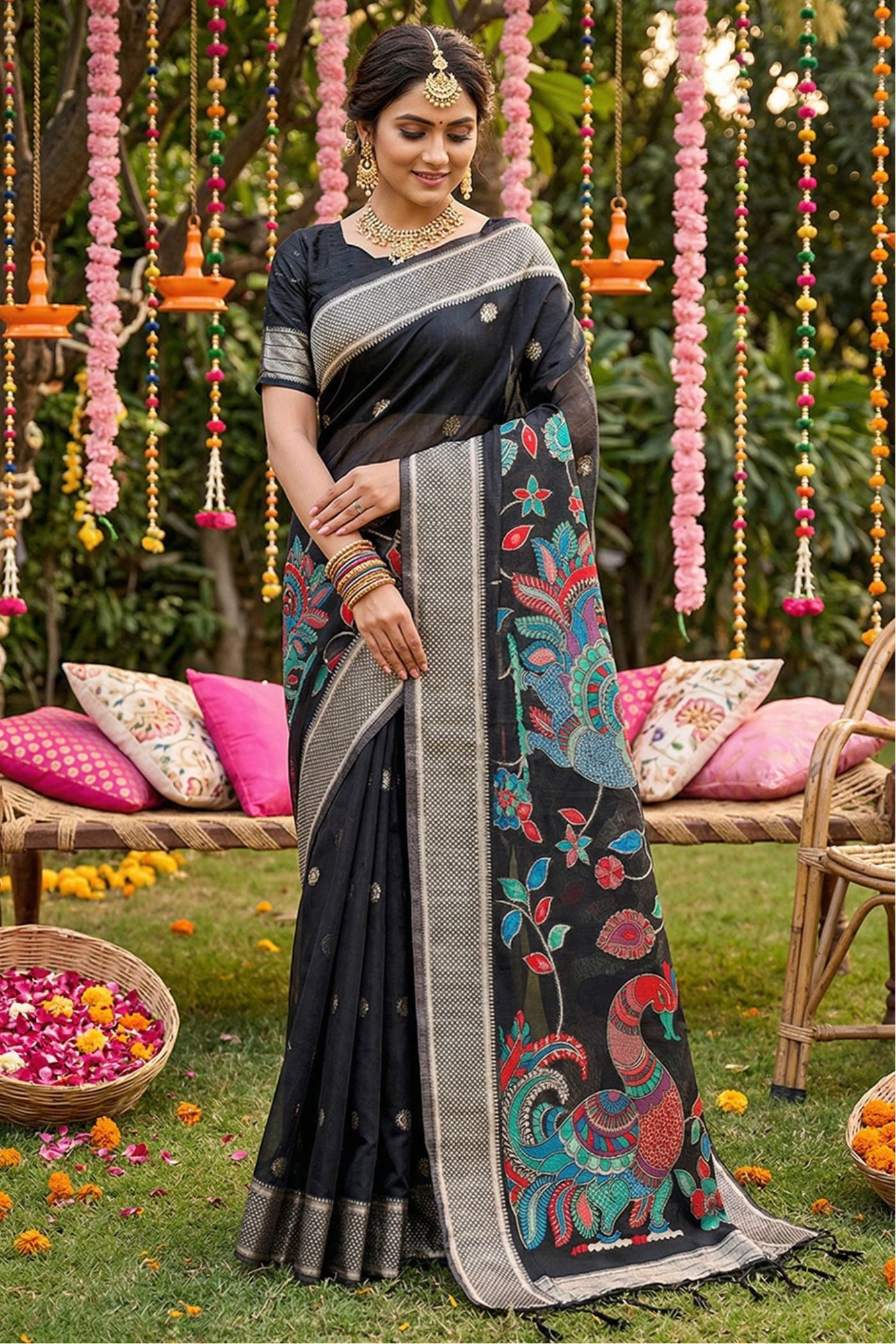 MySilkLove Jet Black Woven Linen Cotton Saree