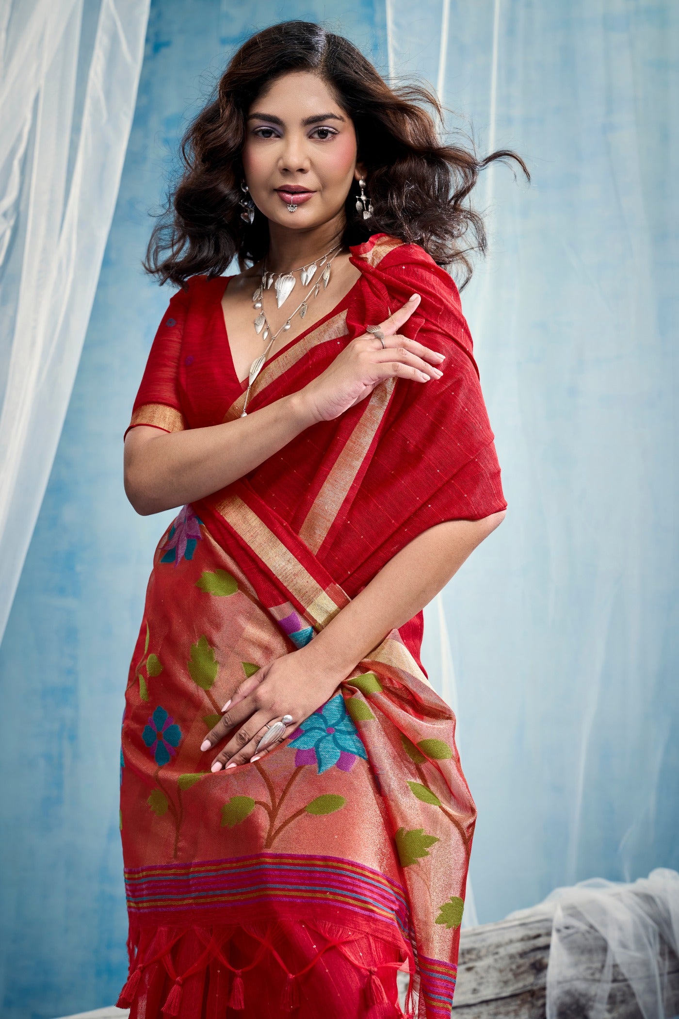 Buy MySilkLove Tomato Red Munga Handloom Tissue Pallu Saree Online
