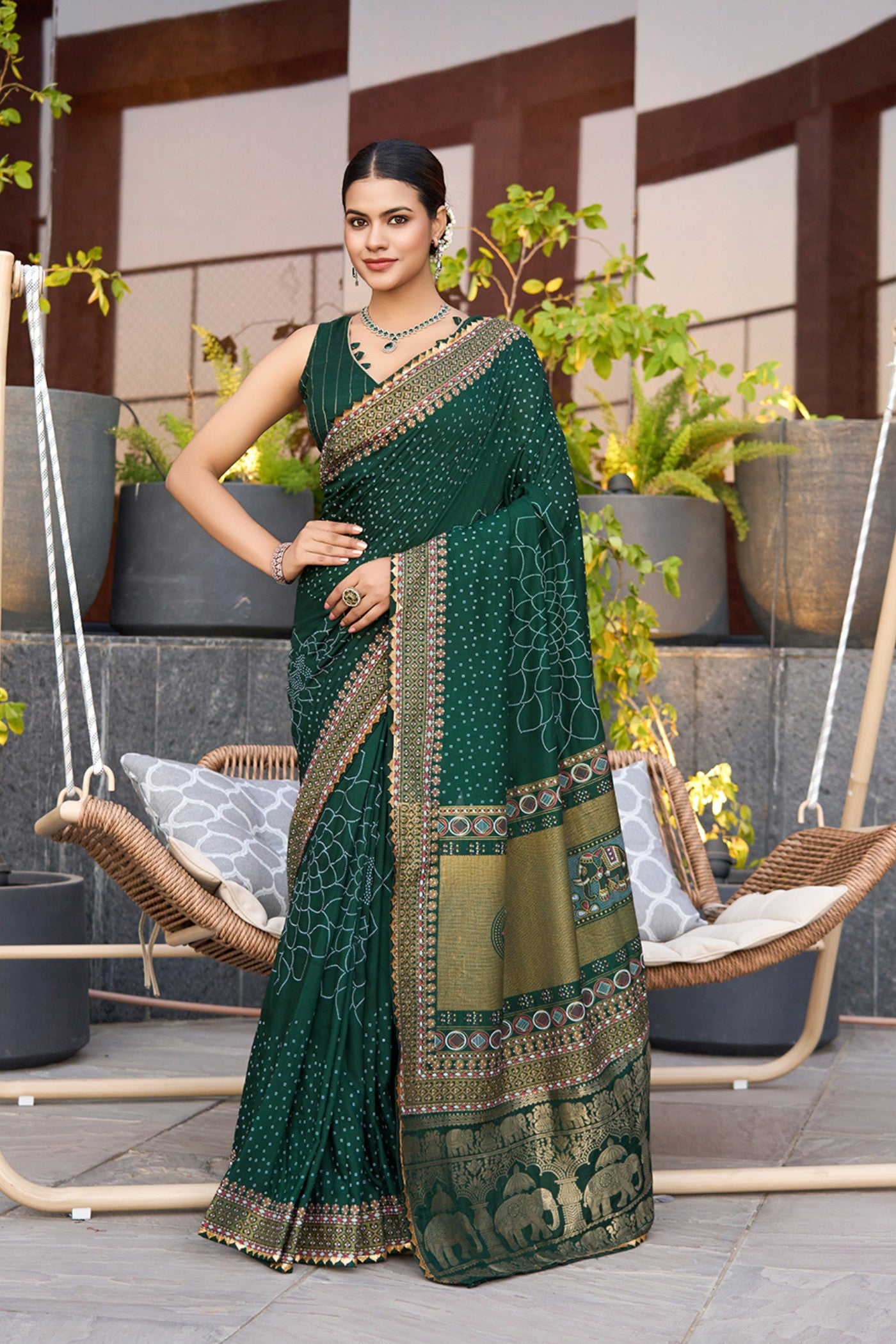 Buy MySilkLove Forest Green Printed Cotton Saree Online
