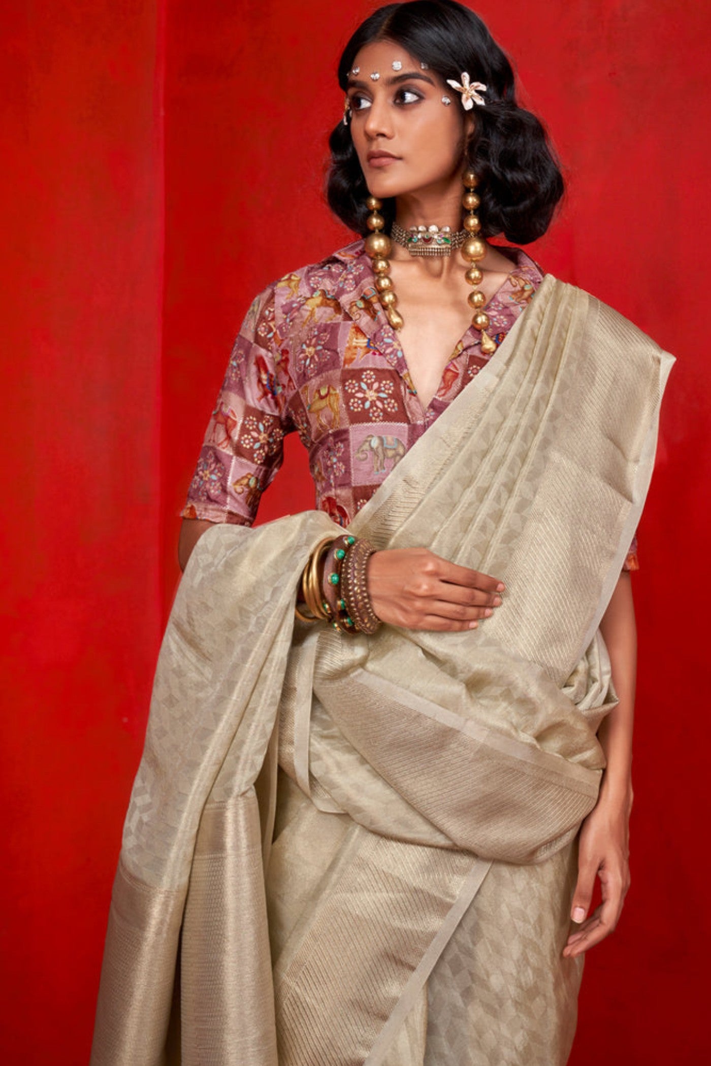 Buy MySilkLove Pancho Cream Woven Tissue Silk Saree Online