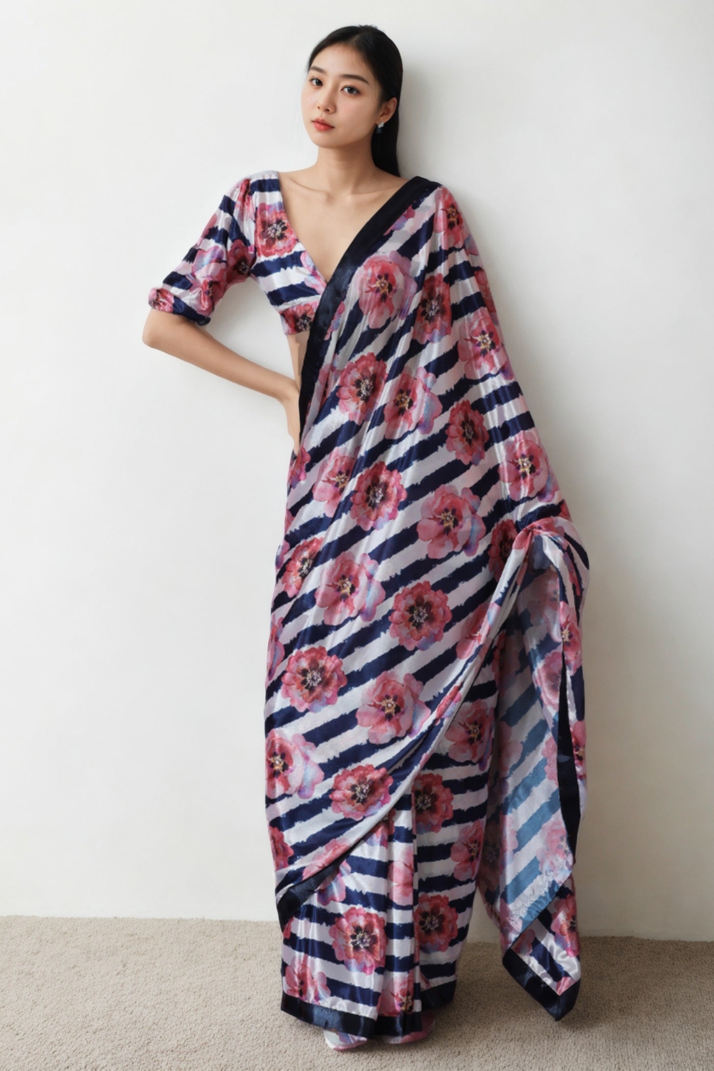 Buy MySilkLove Multicolor White Chinon Digital Printed Ready To Wear Saree Online