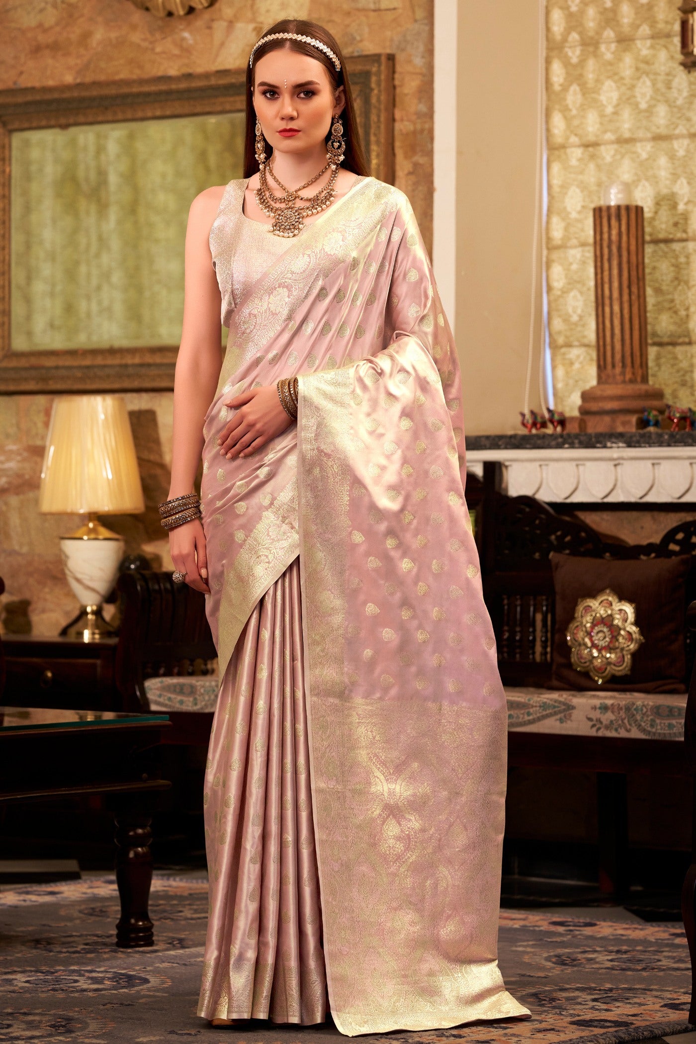 Buy MySilkLove Miller Pink Woven Banarasi Satin Soft Silk Saree Online