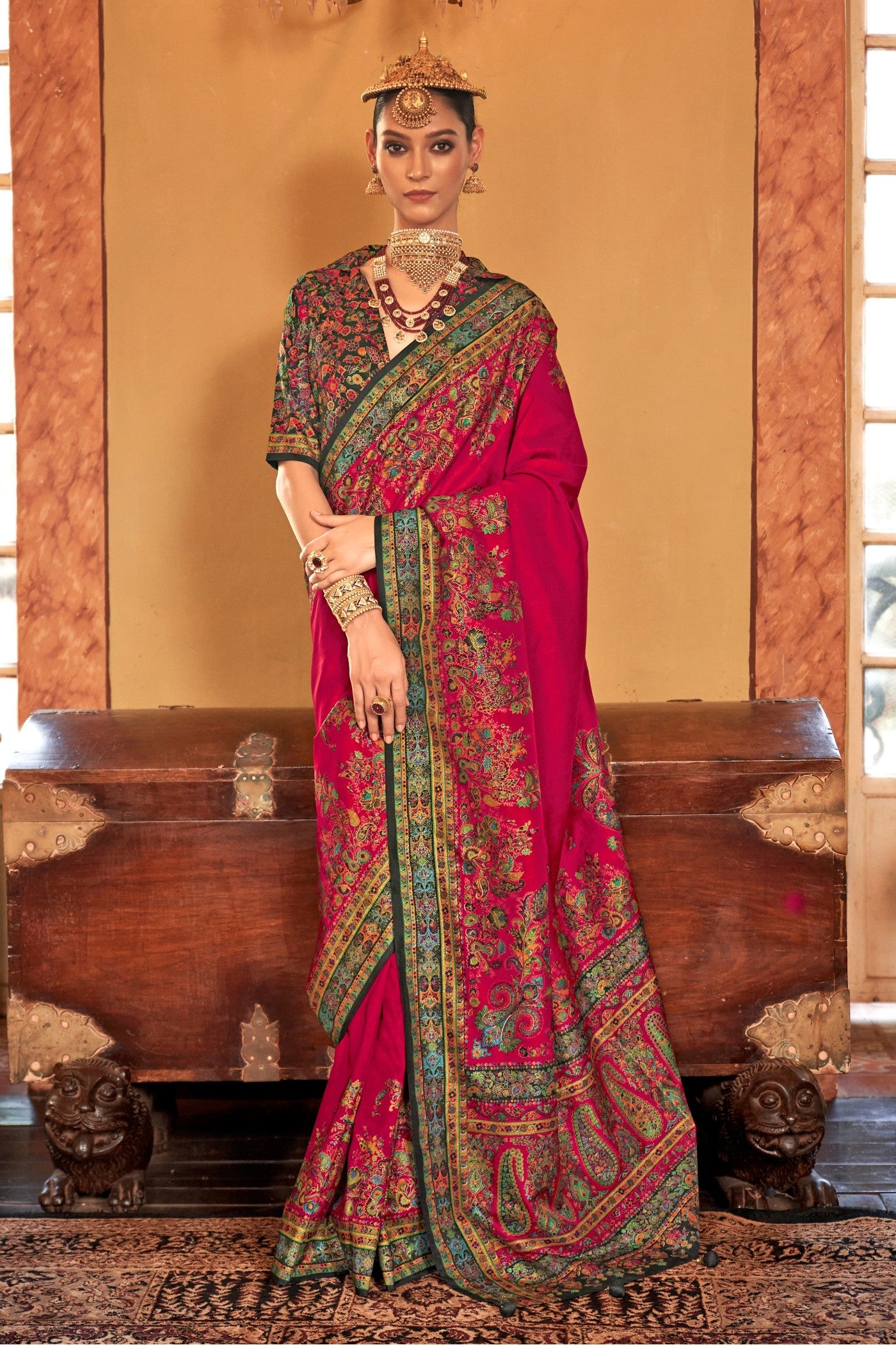 Buy MySilkLove Hibiscus Pink Printed Banarasi Saree Online