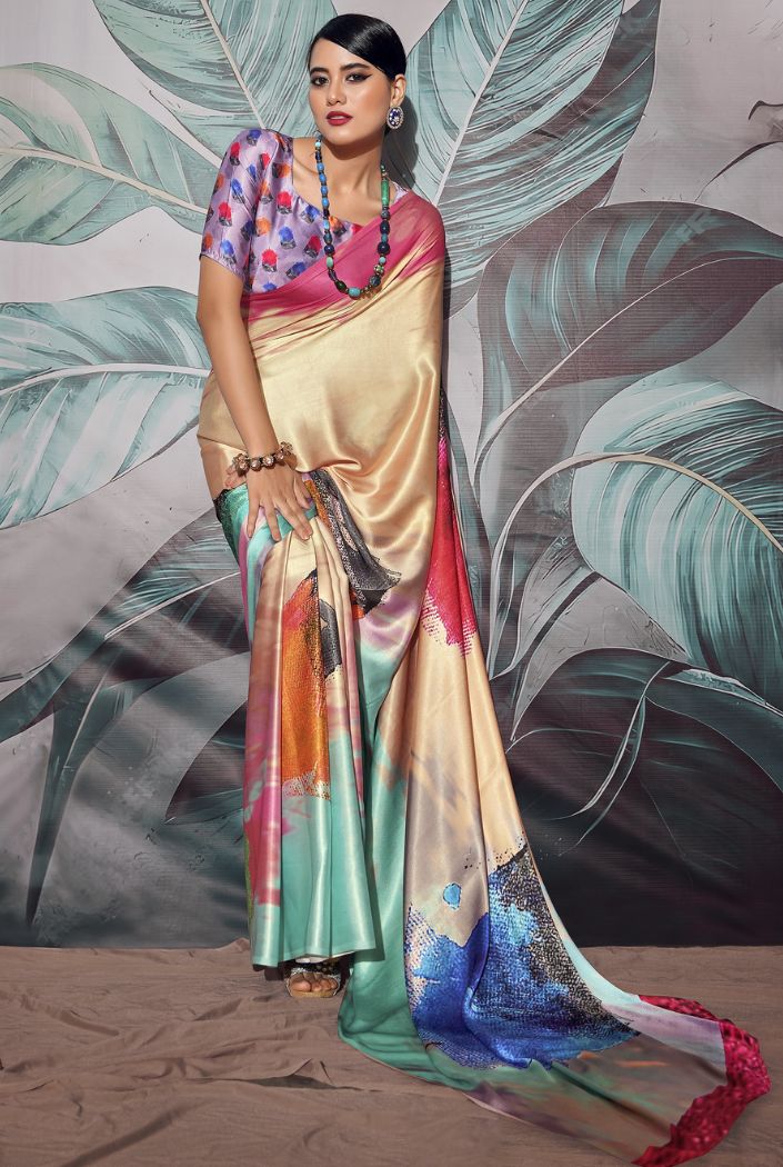 Buy MySilkLove Multicolor Cream Printed Satin Silk Saree Online