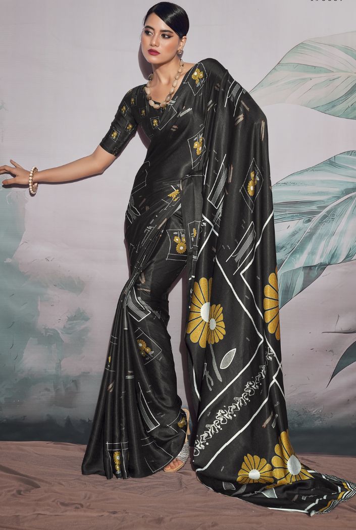 Buy MySilkLove Mine Shaft Black Printed Satin Silk Saree Online