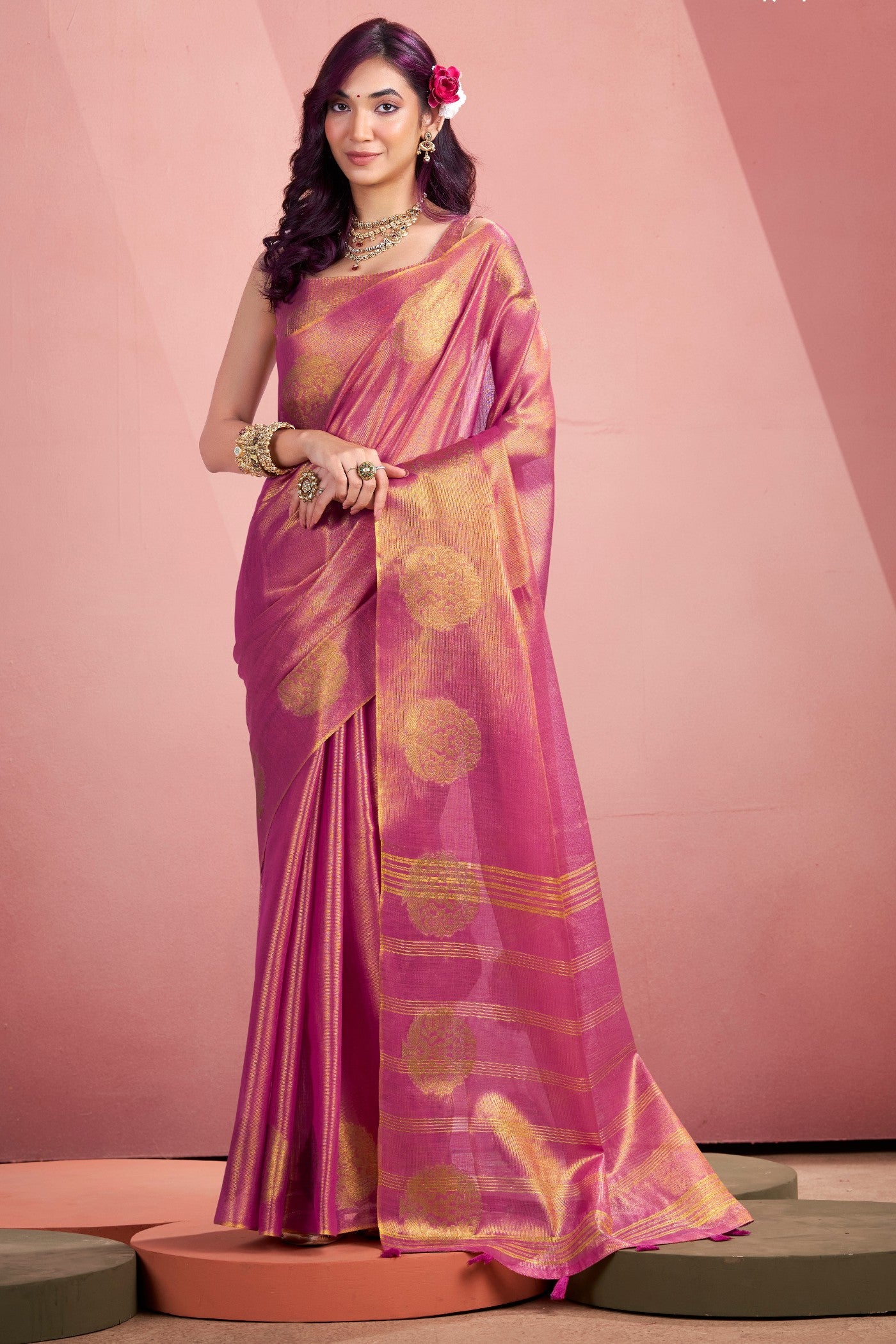 Buy MySilkLove Bubble Pink Zari Woven Tissue Saree Online